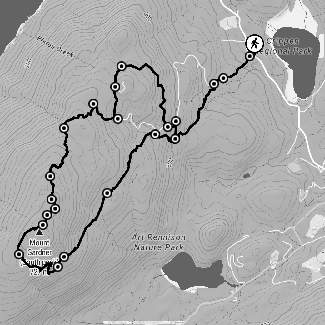 Map of a hiking trail in Art Rennison Nature Park, showing the route to Mount Gardner, South Peak, with contour lines and trail markers, and nearby Crippen Regional Park.