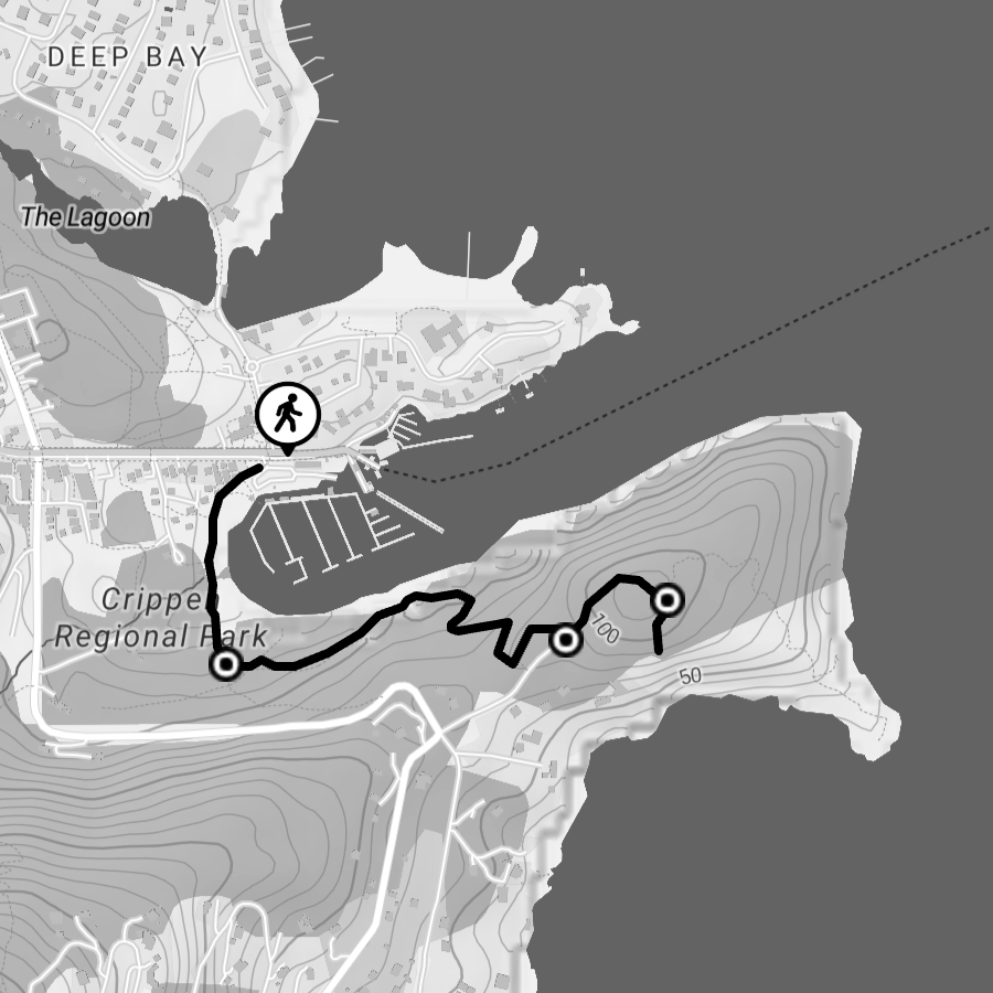 Map showing a hiking trail at Cripple Regional Park near Deep Bay, with a marked walking route leading from the parking lot to a viewpoint on the coast.