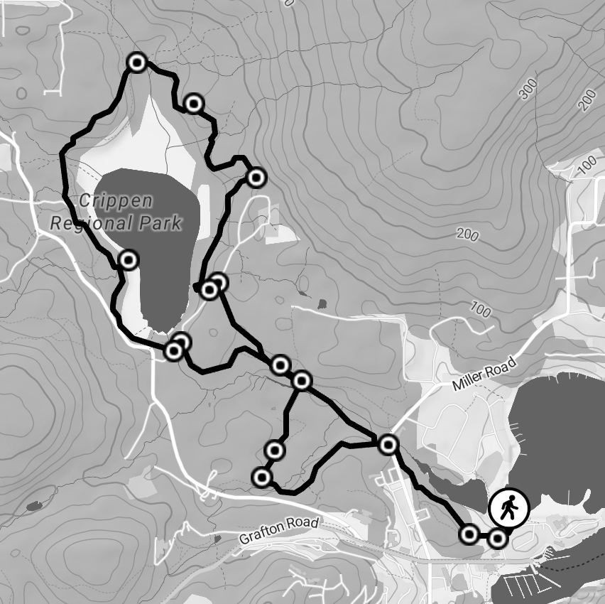 Map of a hiking trail around Crippen Regional Park, showing elevation contours, trail route, trailhead, and surrounding roads.