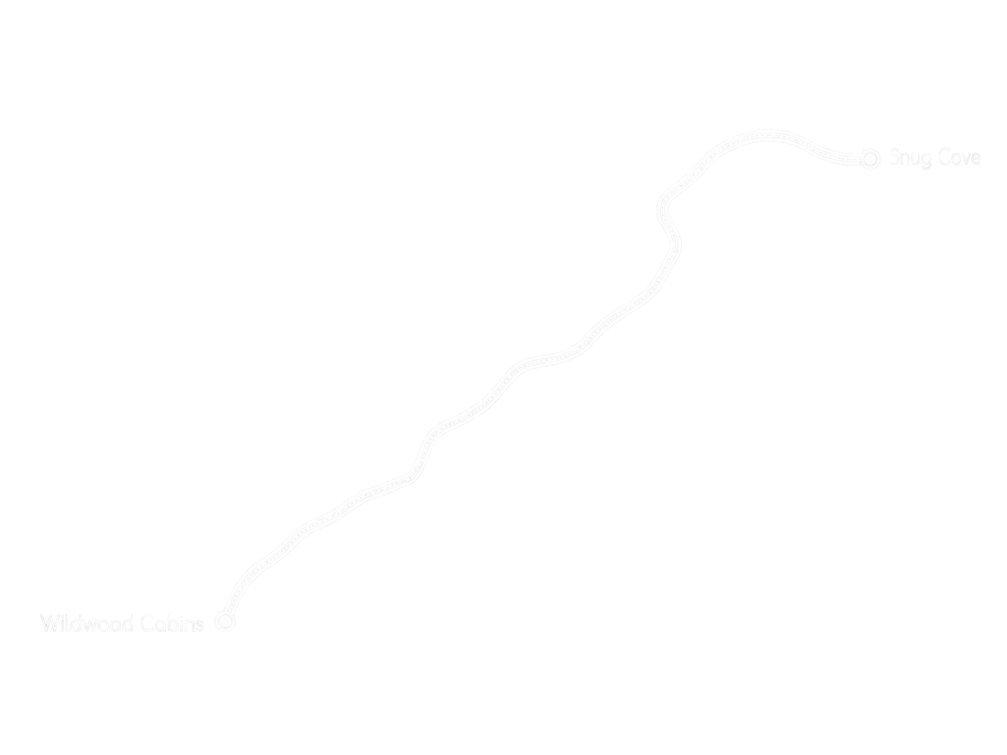 Map showing the route between Wildwood Cabins and Snug Cove.