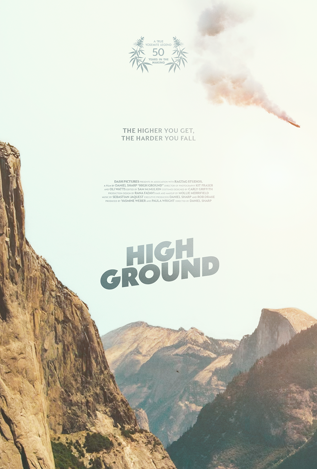 Mountain landscape with cliffs and peaks, cloudy sky, and a smoke plume in the upper right corner, with text overlay about Yosemite legend and a film titled 'High Ground'.