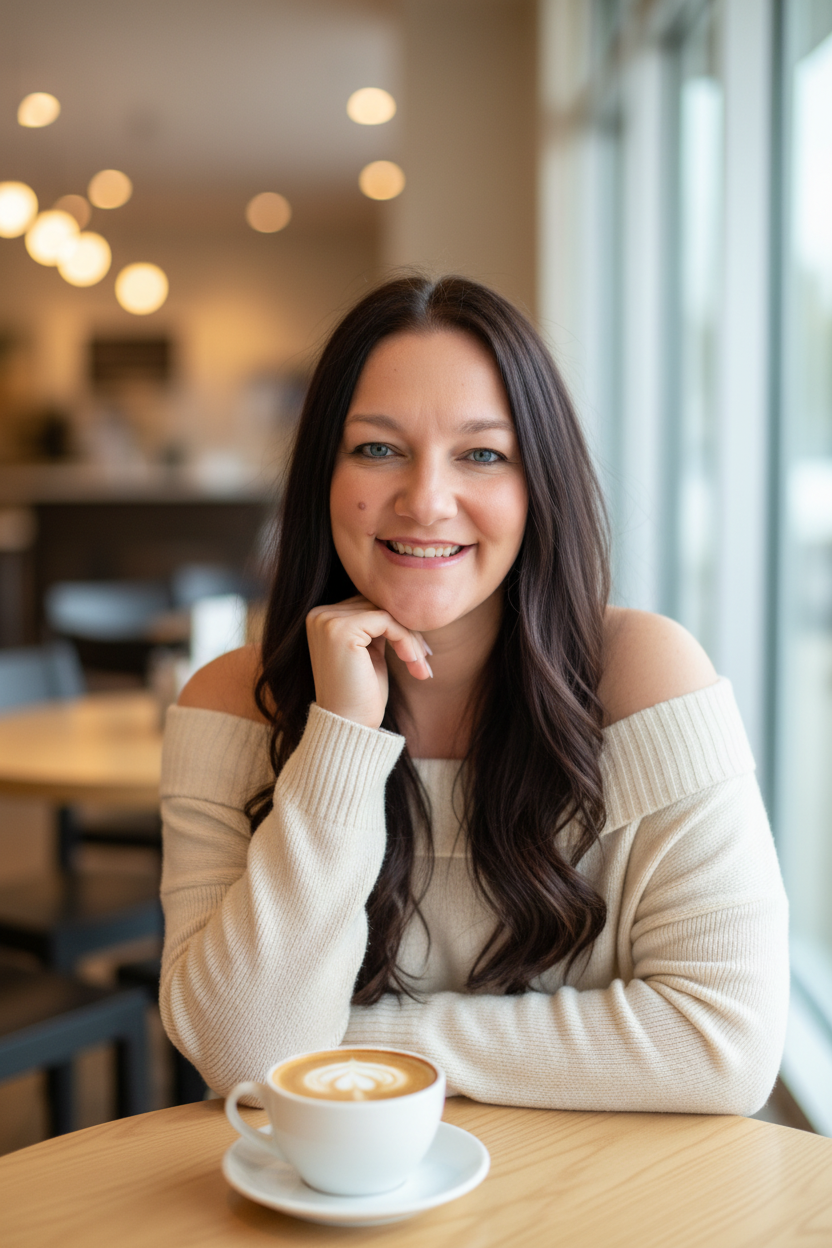 A woman with long dark hair smiling, sitting at a wooden table in a cafe with latte art in a cup in front of her, and sunlight coming through large windows.