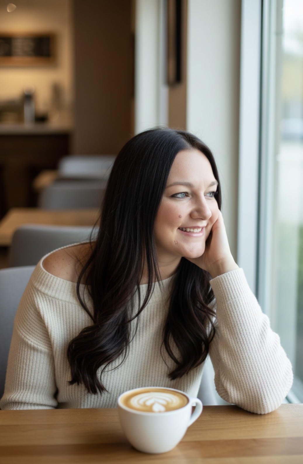 A woman with dark hair and a cream sweater sitting by a window with a latte in front of her, smiling and looking outside.