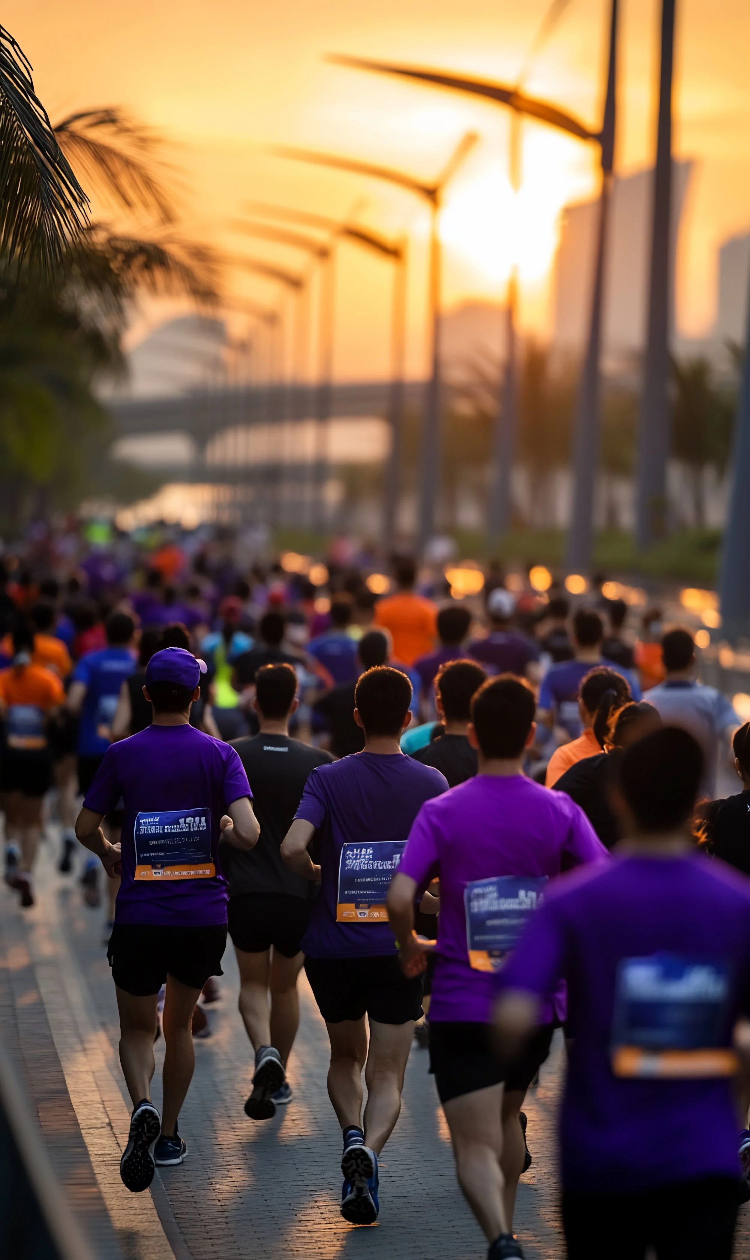 Participants running a UK corporate marathon at sunset, with a bridge and coastal views in the background.