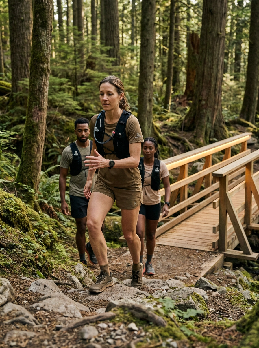 Run Collective team members hiking a forest trail during a corporate wellness and team-building event