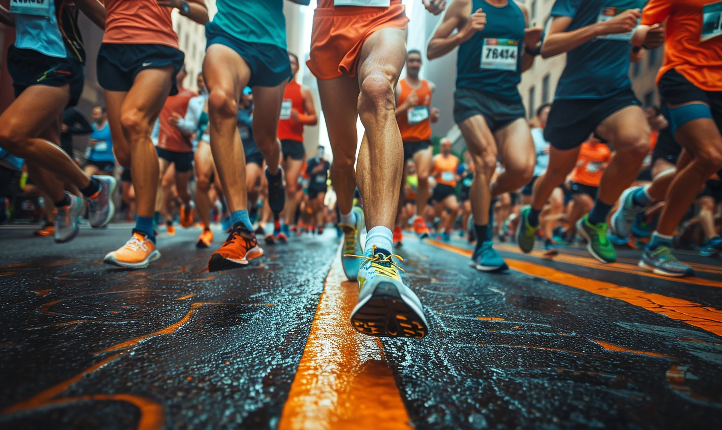Run Collective UK corporate runners mid-stride during a city street running event.