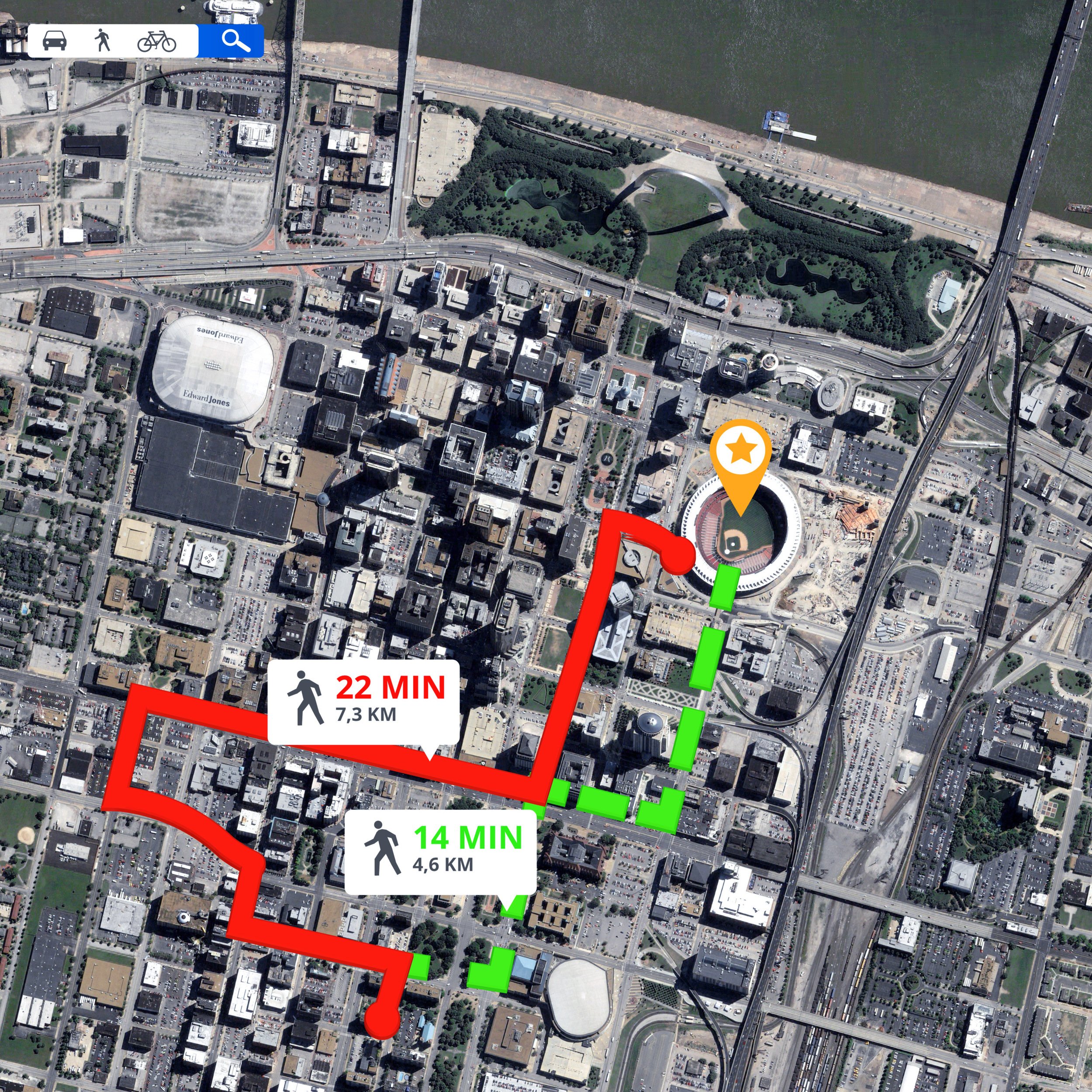 Aerial view of a cityscape with a river at the top, a park with lakes in the middle, and a dense grid of buildings and roads. There are colored categories for walking times: 22 minutes (red), 14 minutes (green), and 22 minutes (yellow).