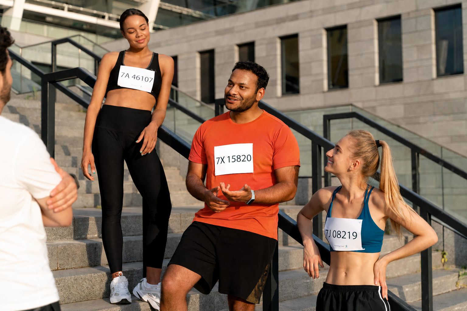 Run Collective UK corporate runners chatting before a race, wearing race bibs.