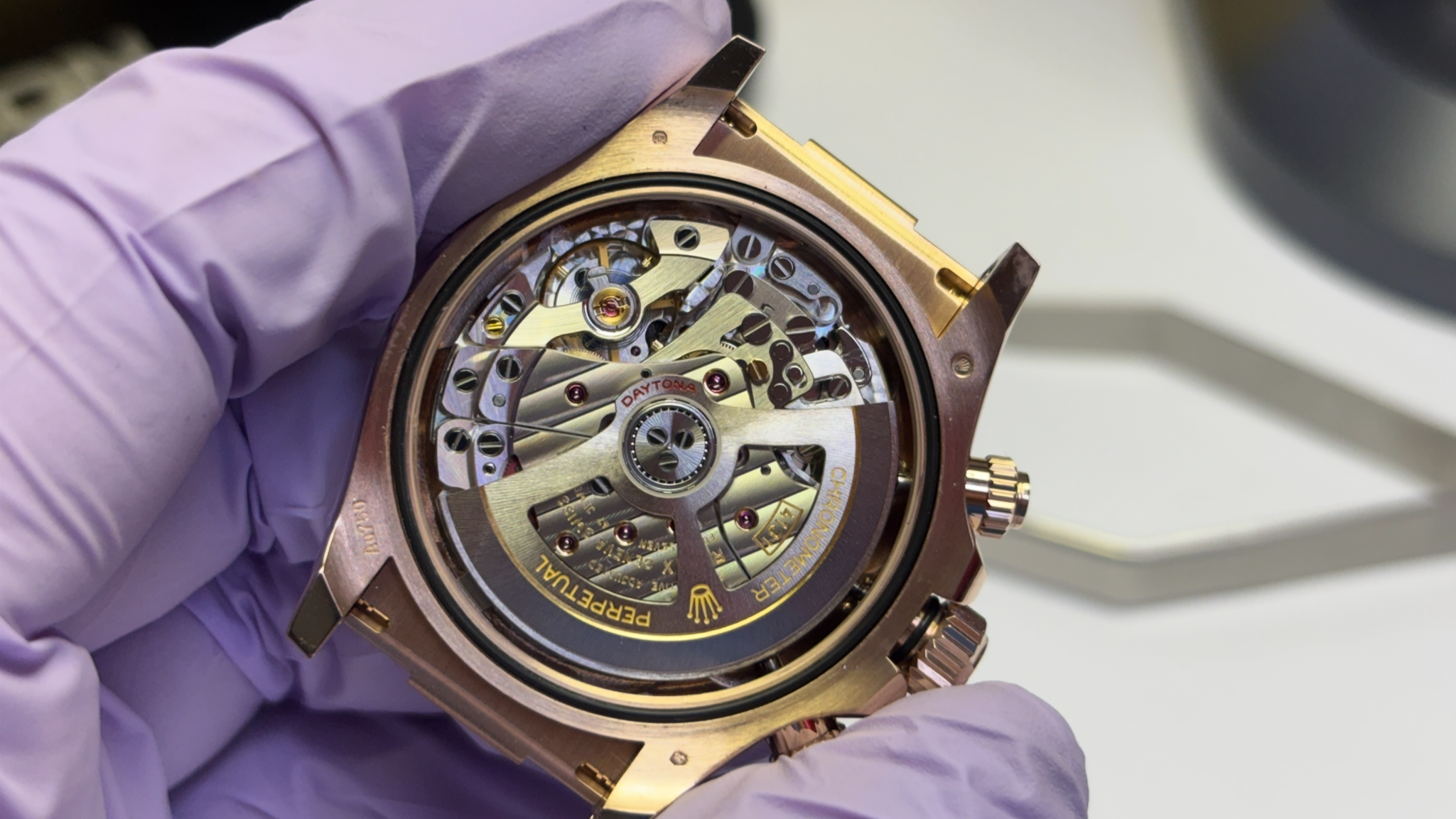 Close-up of a person wearing purple gloves holding a luxury watch with a visible mechanical movement.