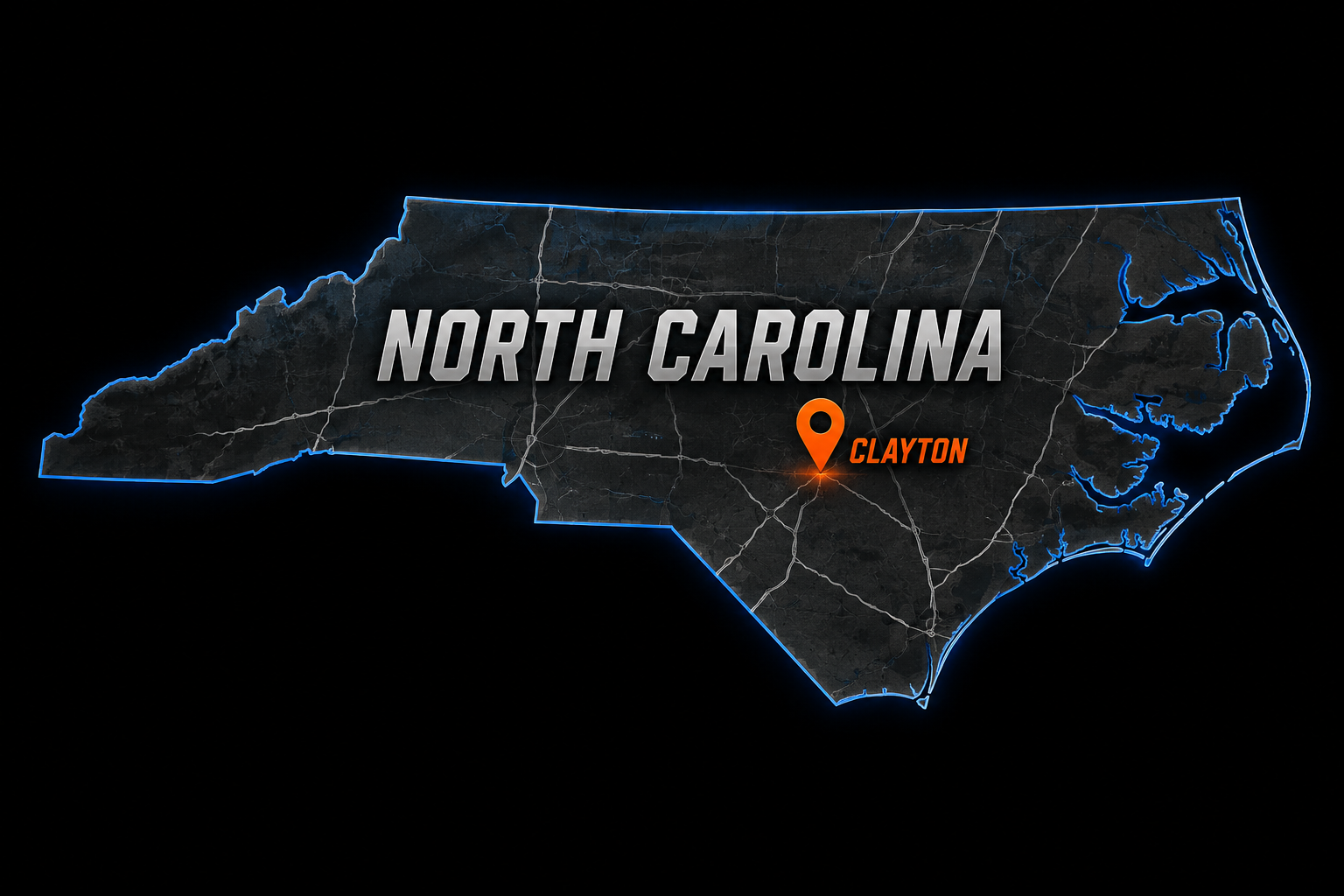 Map of North Carolina with the city of Clayton highlighted and labeled in orange.