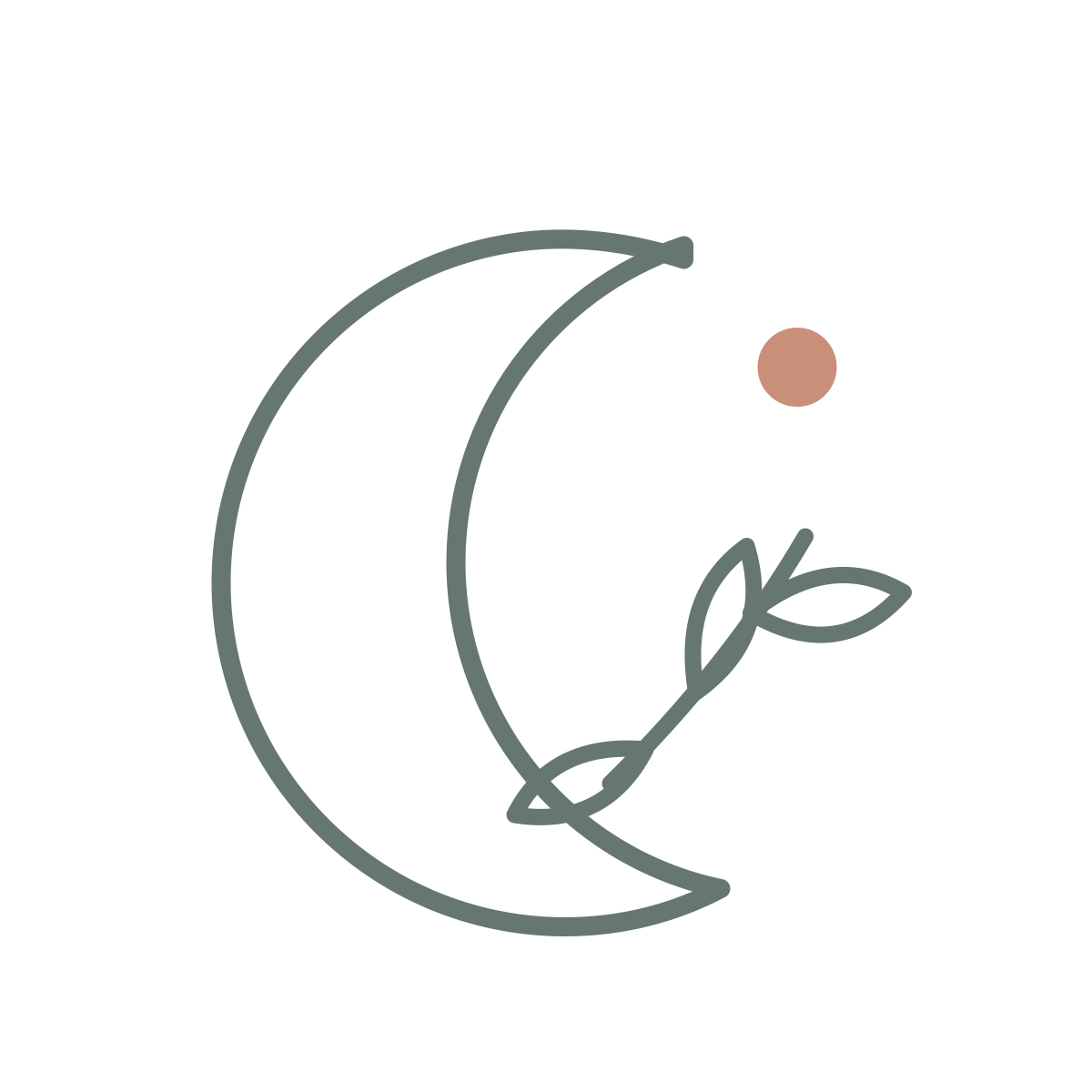 Minimalist line drawing of a crescent moon with a small brown circle representing a planet or star and a branch with two leaves, all in muted colors.
