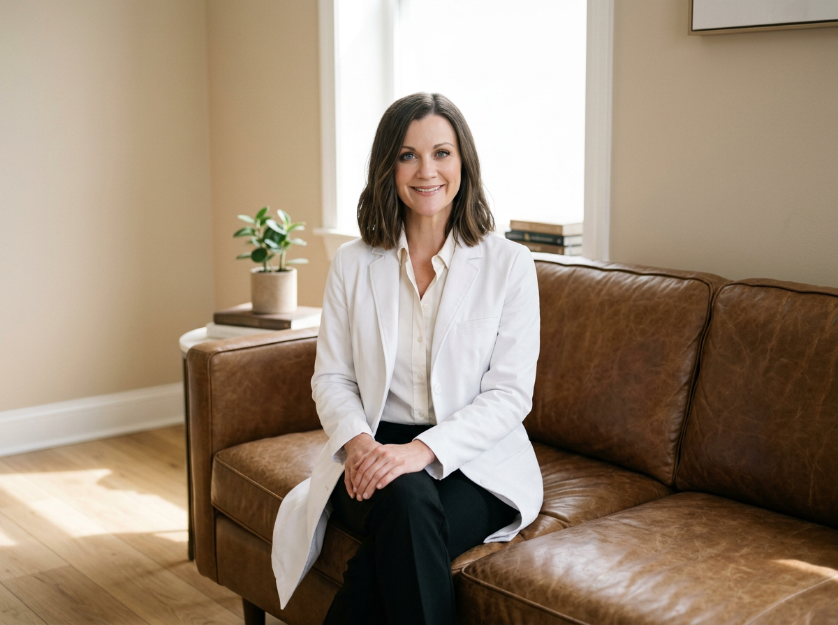 A woman in a white blazer sitting on a brown leather couch in a well-lit room with a window, a small plant, and books in the background.