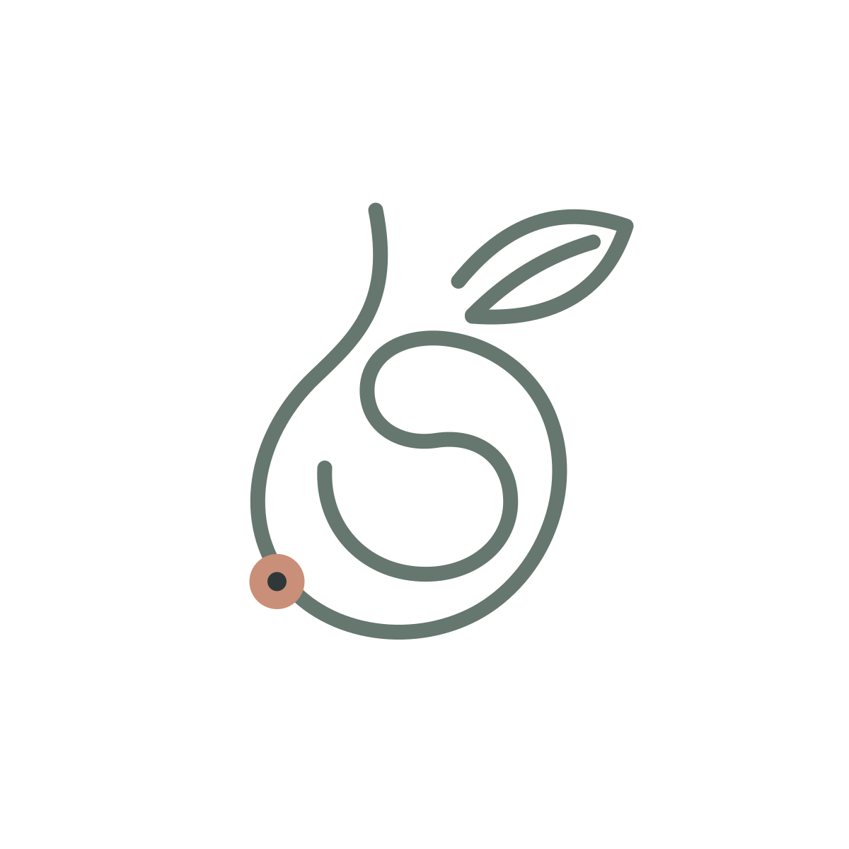 Minimalist line drawing of a fig with a leaf, featuring a small pink circle at the bottom left.