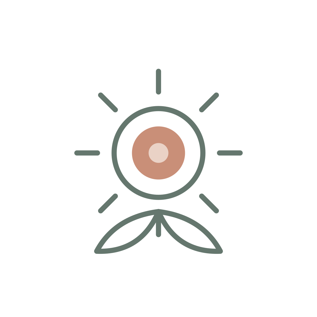 Simplified illustration of a sun with rays, a circular center with a smaller circle inside, and two leaf-like shapes at the bottom.