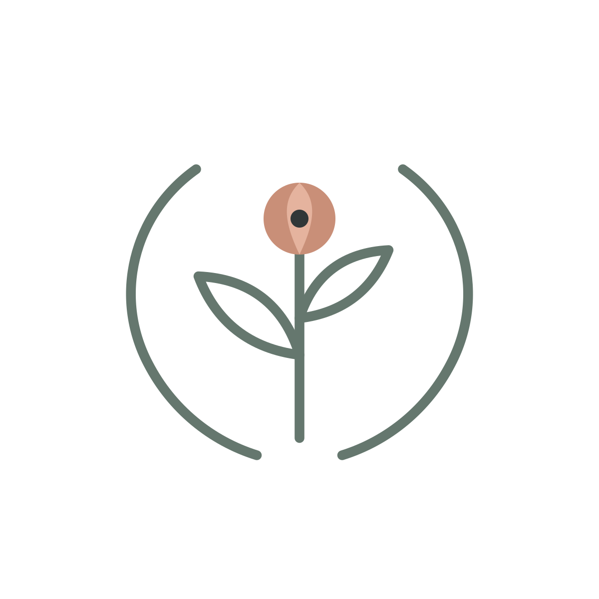 Minimalist illustration of a flower with a pinkish-brown bloom, green leaves, and a circled border around it.