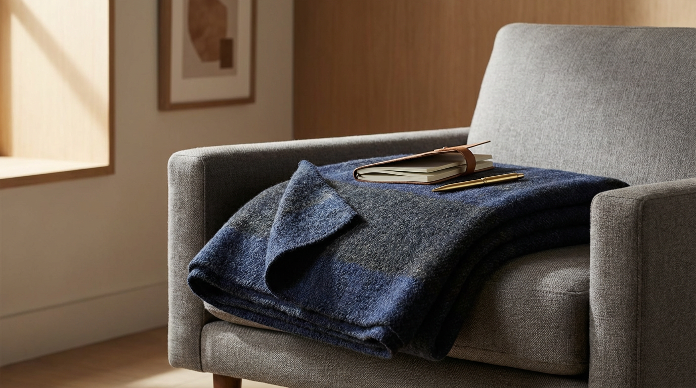 Gray armchair with a folded blue and gray plaid blanket, an open leather-bound journal, and a gold pen on top, in a cozy room with a window and framed artwork.