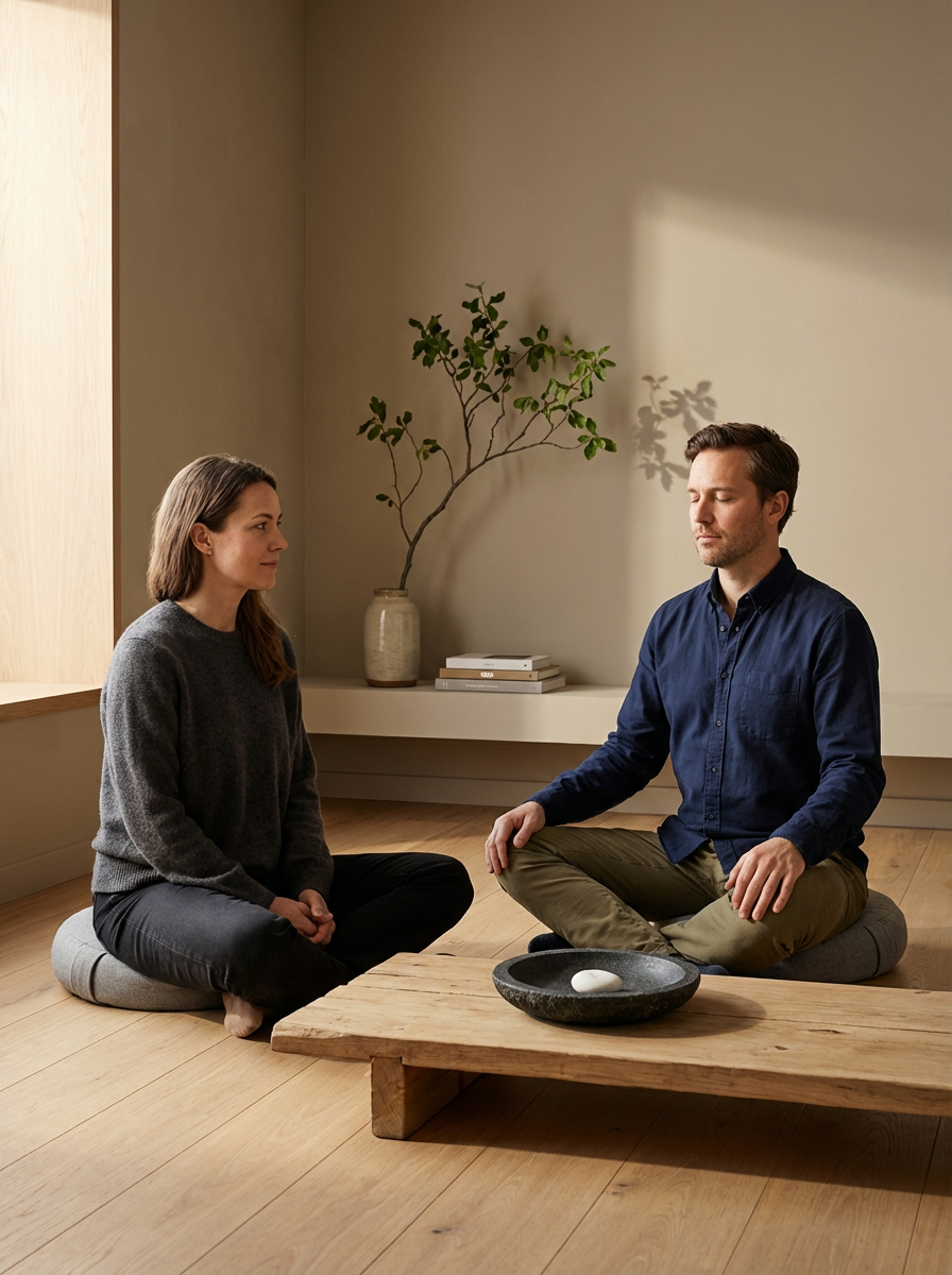 A man and woman sitting cross-legged on cushions on a wooden floor in a minimalist room, meditating or practicing mindfulness around a low wooden table with a stone bowl containing a white object, a potted plant and stacked books in the background.
