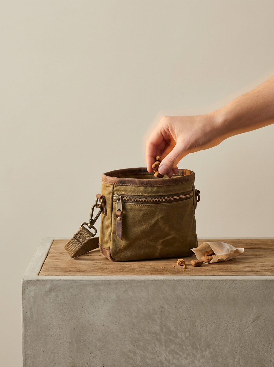 A dog trainers or dog owner's hand taking dog treats from a treat bag on a wooden surface suggesting positive training methodology.