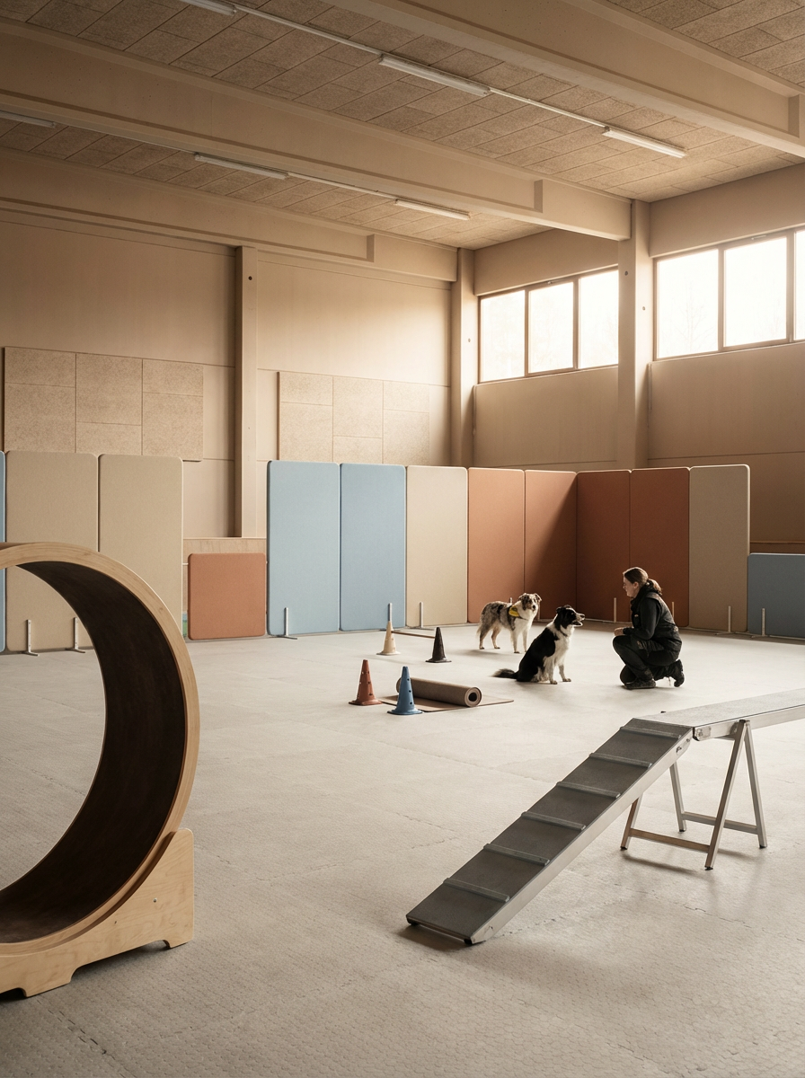 Indoor dog training or agility area with a behaviourist and three dogs, agility ramps, cones, and a tunnel.
