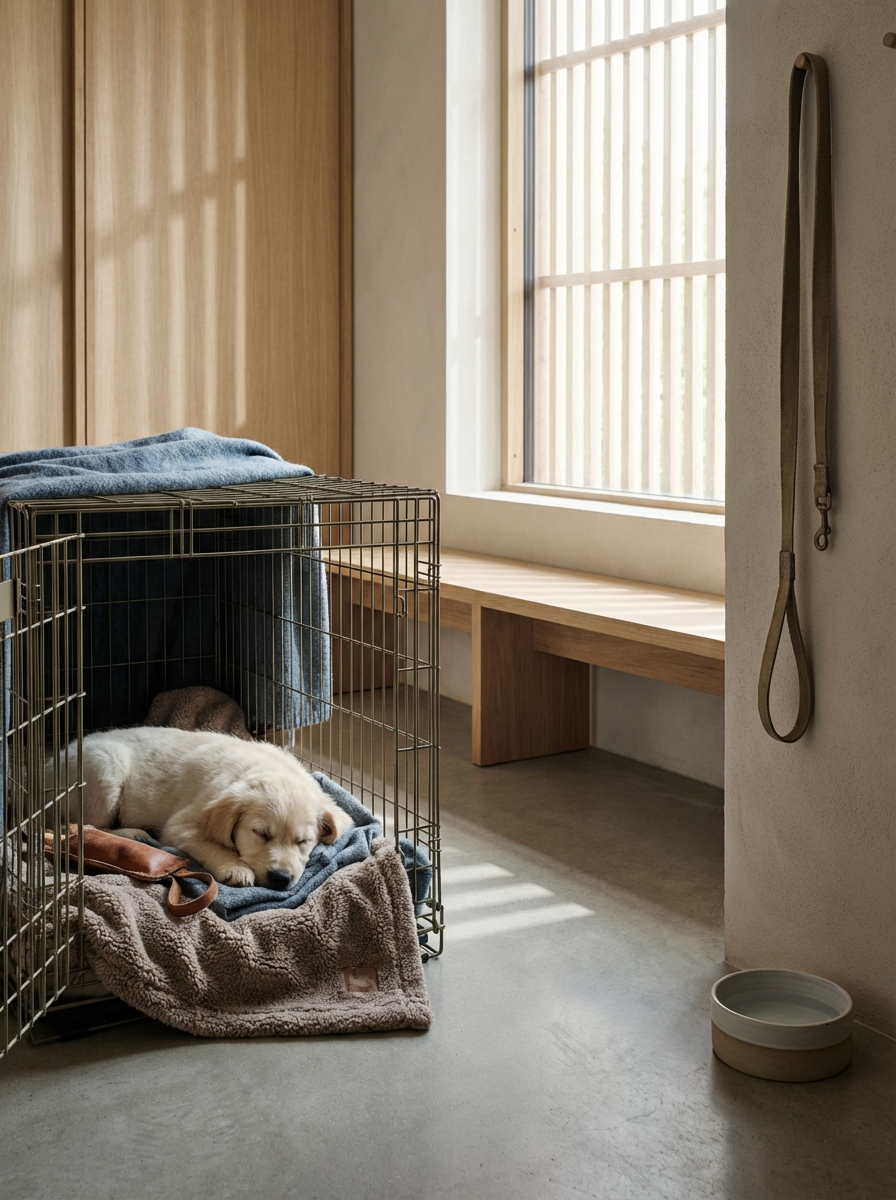 A small puppy sleeping restfully inside a crate, with blankets and a leash hanging on the wall nearby, in a calm room with wooden accents and a window letting in natural light.
