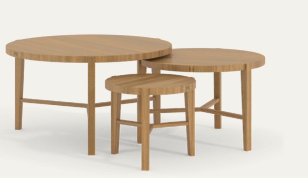 Three round wooden tables of different sizes