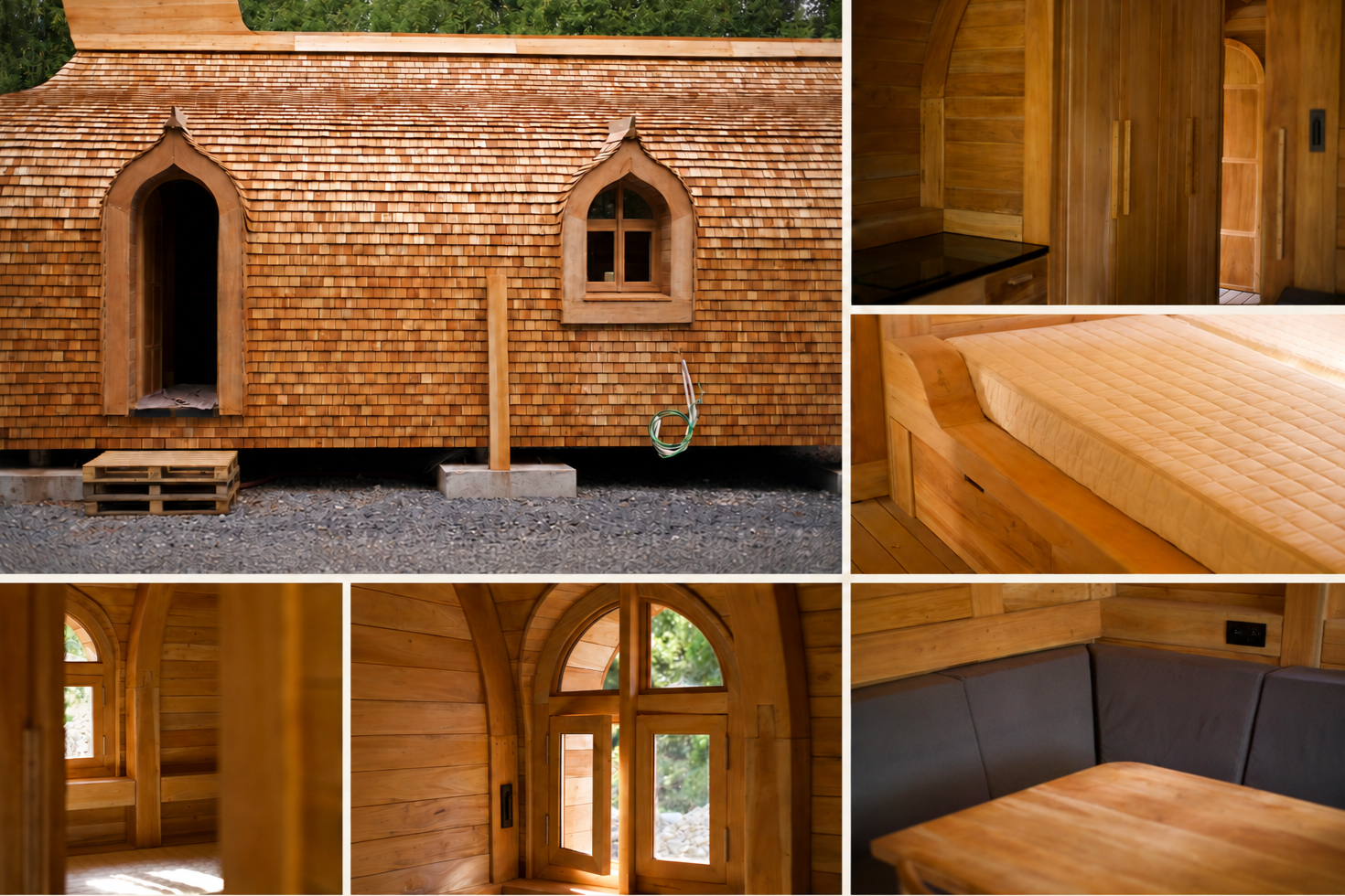 A collage of images showing the exterior and interior of a tiny wooden house. The exterior features a rustic design with shingle roof and arched window frames. The interior images include wooden walls, a bed with a wood frame, a corner with a cushioned seating area, an arched window with shutters, and a kitchen area.