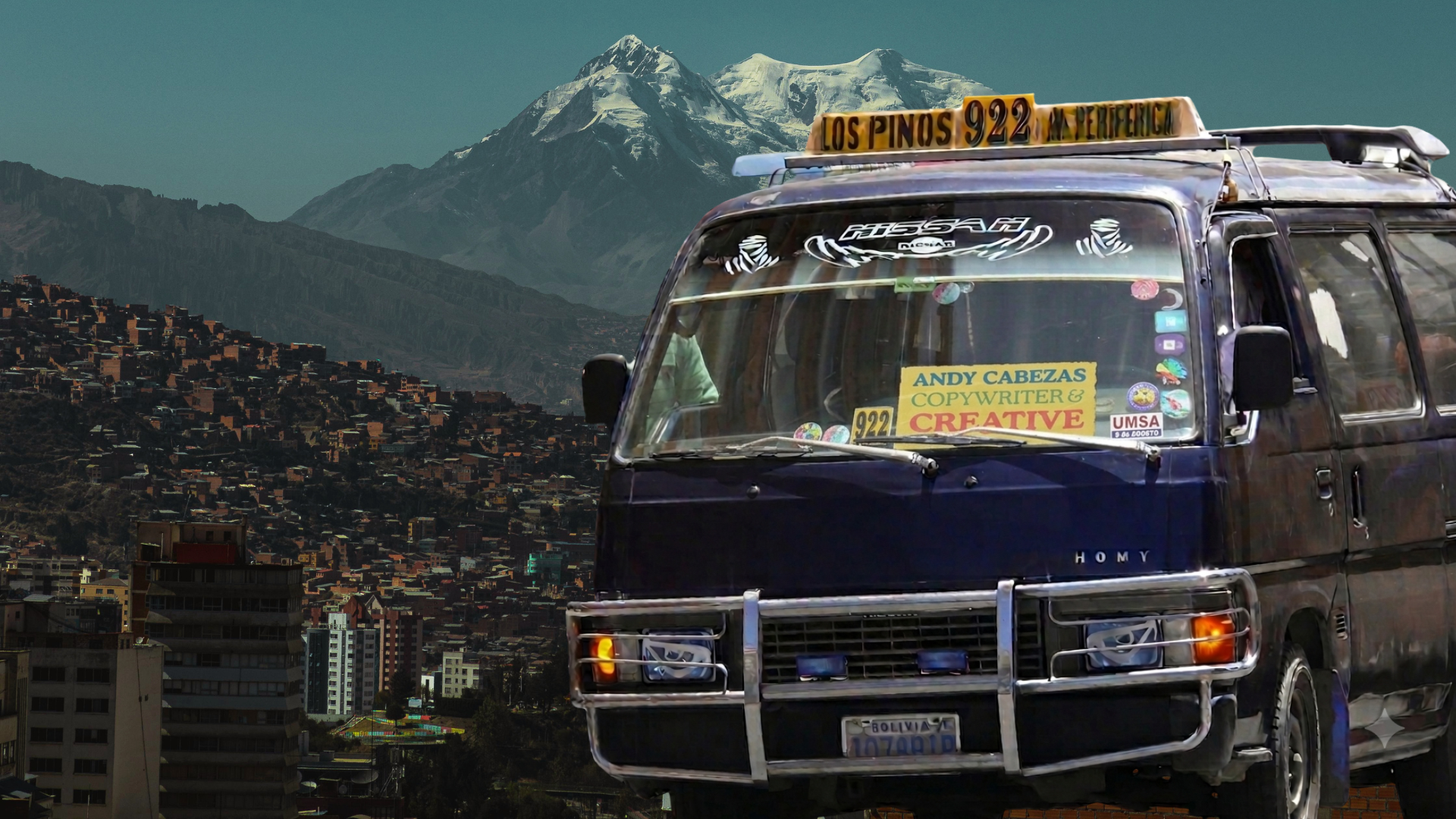 Bolivian Minibus with "Andy Cabezas Copywriter and Creative" sign.