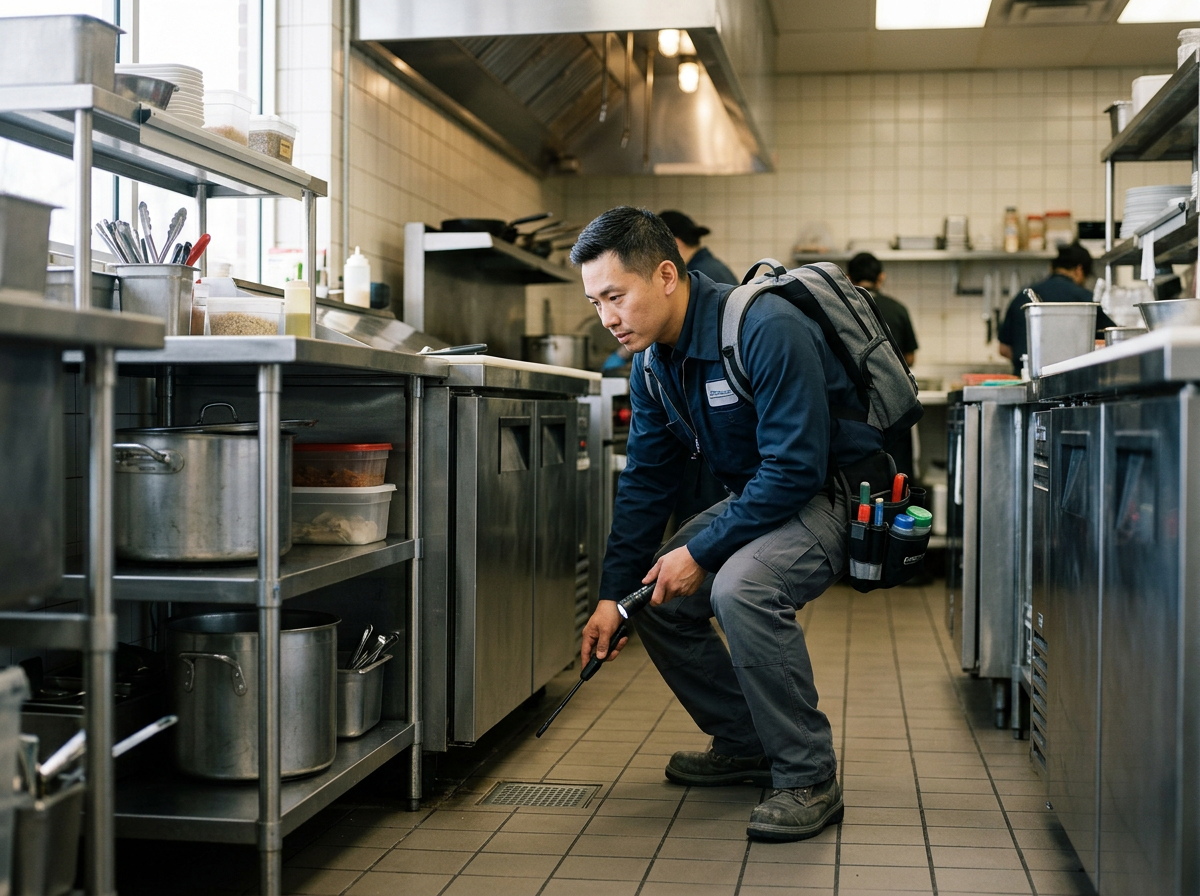 A man in a restaurant kitchen wearing a backpack and apron, checking the floor with a flashlight, surrounded by stainless steel counters and shelves with kitchen utensils and containers.