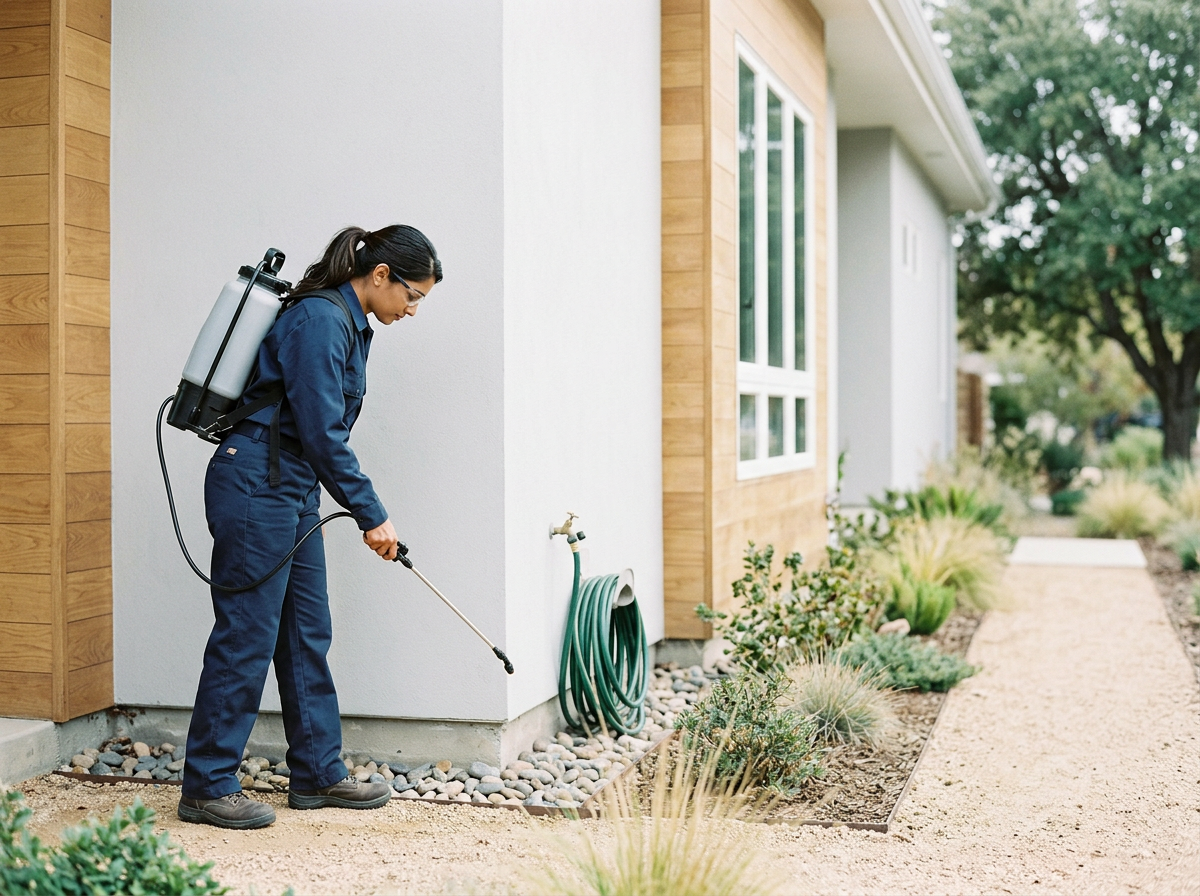 A woman dressed in navy blue work uniform and safety glasses is watering plants outside a house using a hose with a spray nozzle. She is wearing a backpack sprayer for pest control or garden maintenance on her back.