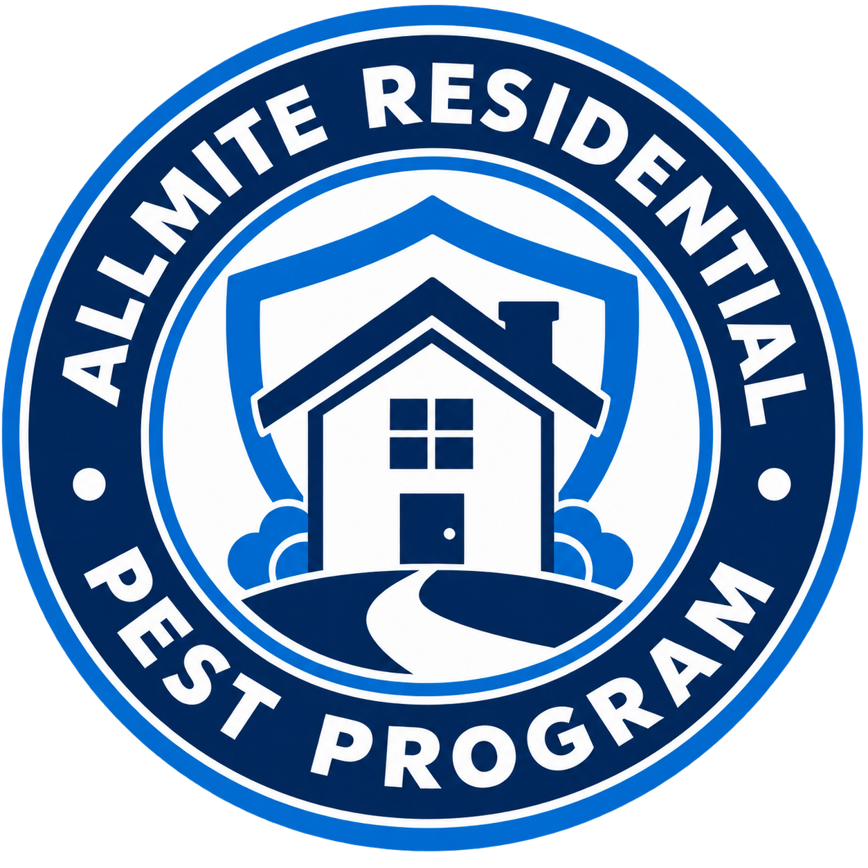 Badge for the Allinite Residential Pest Program, featuring a house with a pathway leading to the door, surrounded by blue and white text.