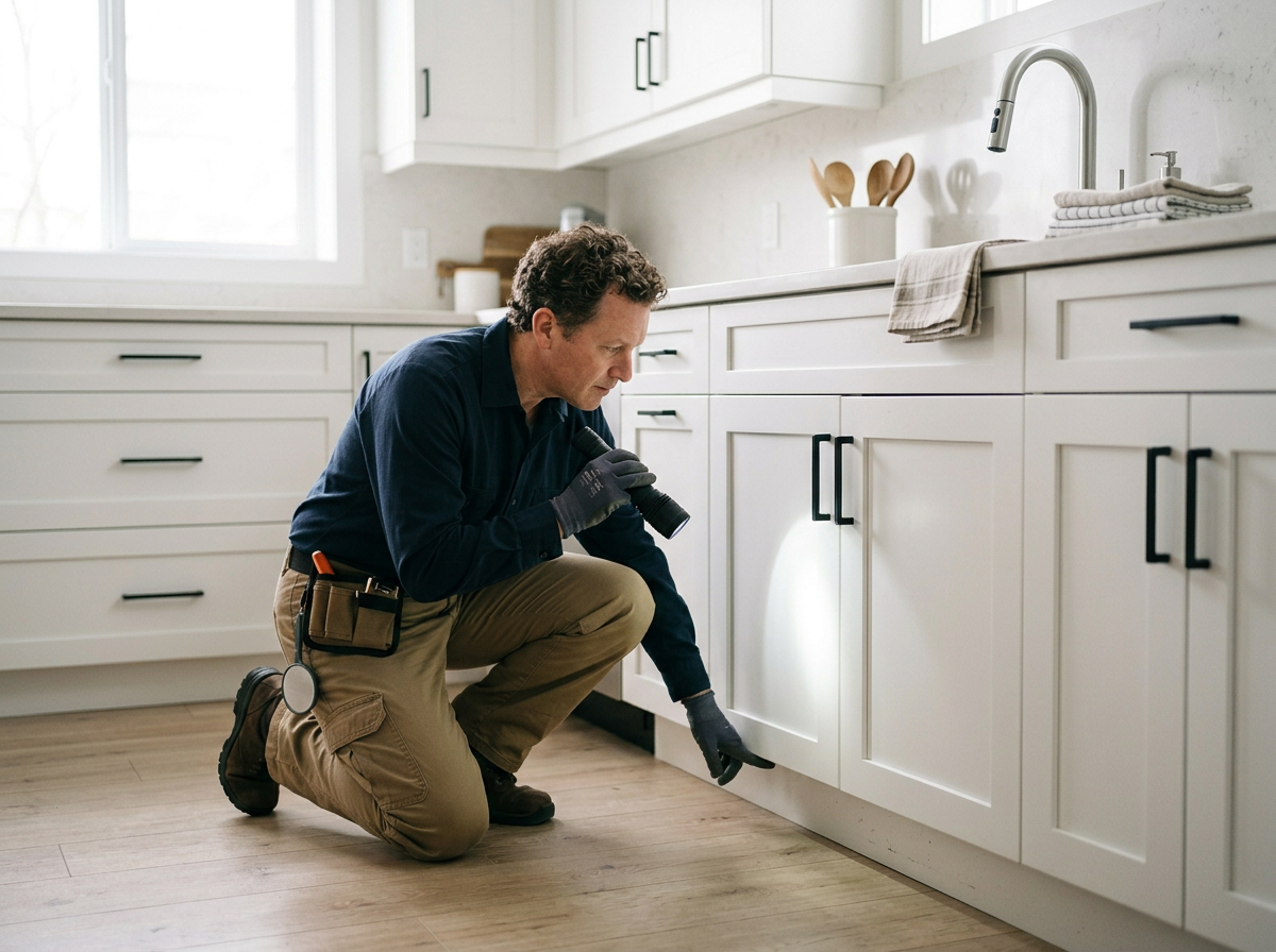 A man inspecting the underside of a kitchen cabinet with a flashlight, wearing work gloves and utility tools at his belt.
