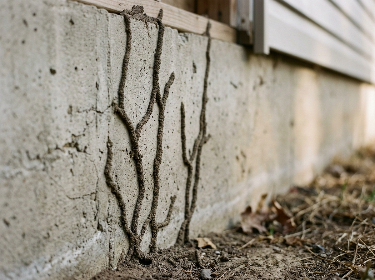 Small tree saplings planted along a concrete foundation wall with soil and dried leaves nearby, underneath a wooden structure.