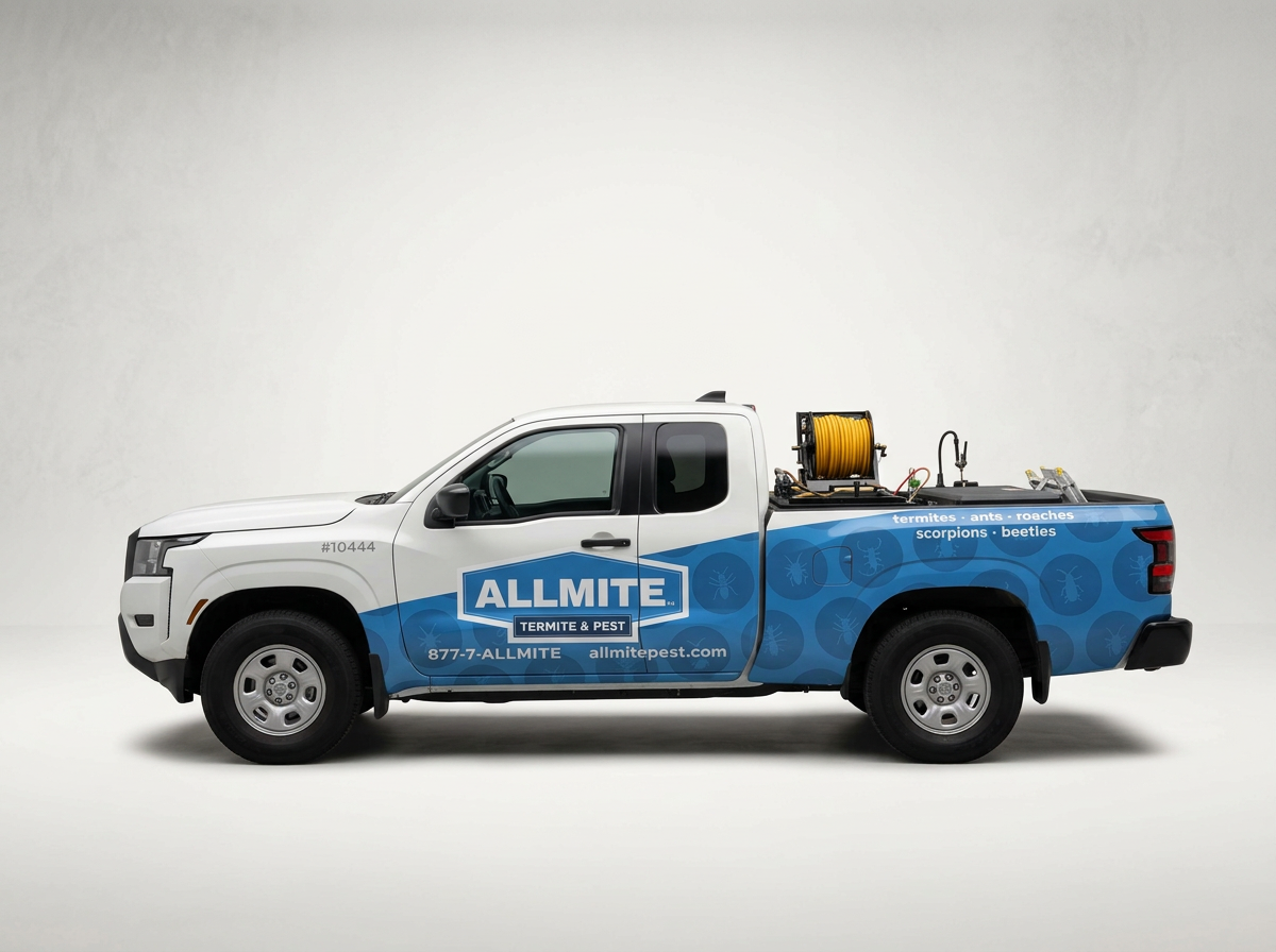 White and blue pest control truck with company logo and contact information, equipped with pest control tools on the truck bed, parked on a plain background.
