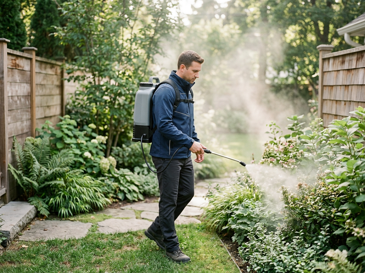 Man wearing a blue jacket and black pants using a backpack sprayer to water plants in a garden surrounded by a wooden fence.
