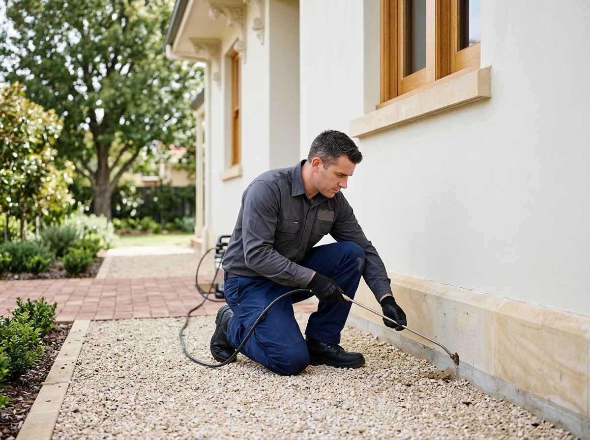 A man kneeling on a gravel pathway next to a white house, using a spray wand to treat or apply a substance to the base of the house exterior.