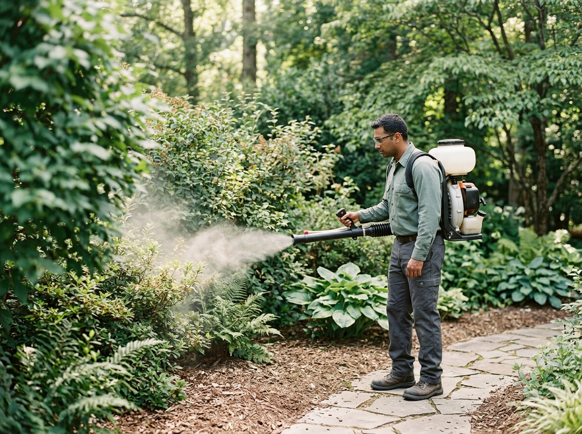 A man in outdoor clothing uses a backpack sprayer to spray plants along a garden path in a wooded area.