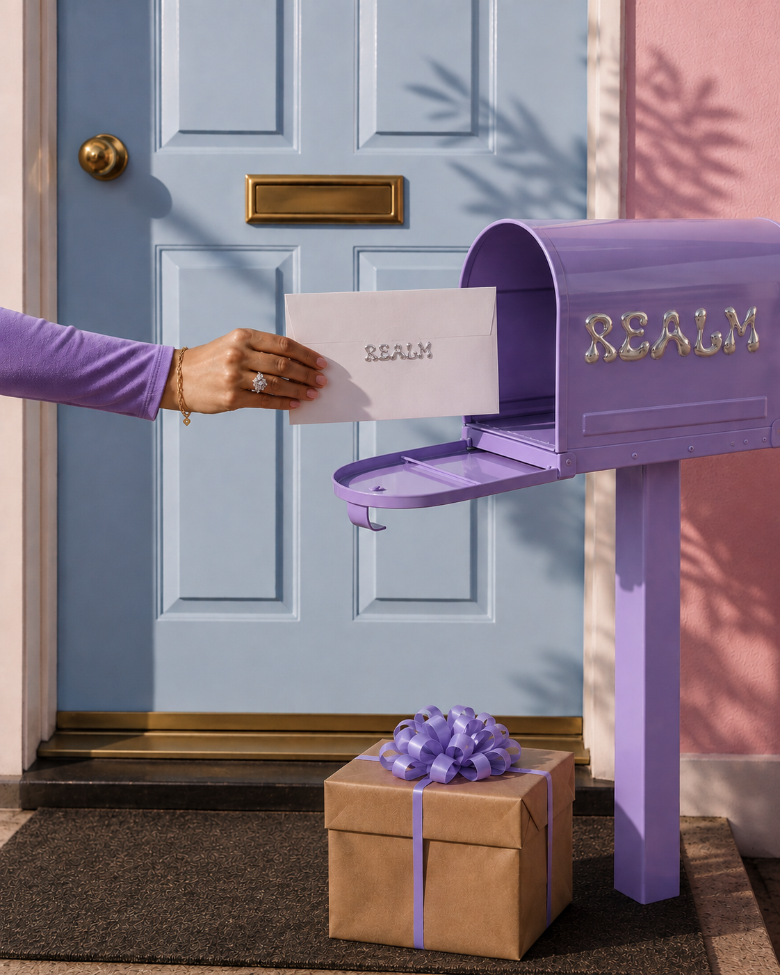 Person placing an envelope marked 'REALI'M into a purple mailbox labeled 'REALM' outside a blue door with a gold doorknob and mail slot, with a wrapped gift box with purple ribbon on the ground.