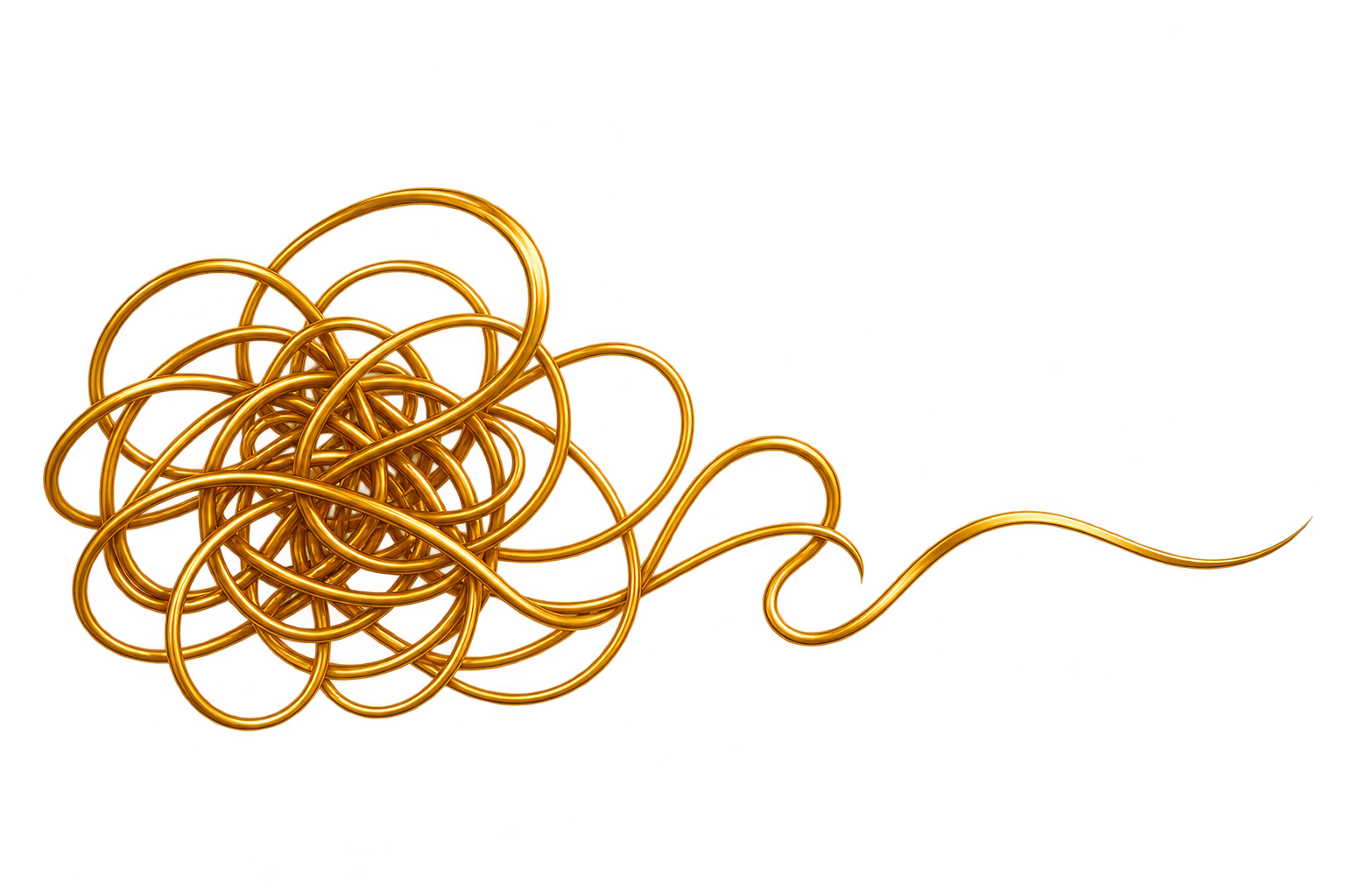 Tangled gold thread with a loose strand extending outward, representing the process of untangling complicated situations.