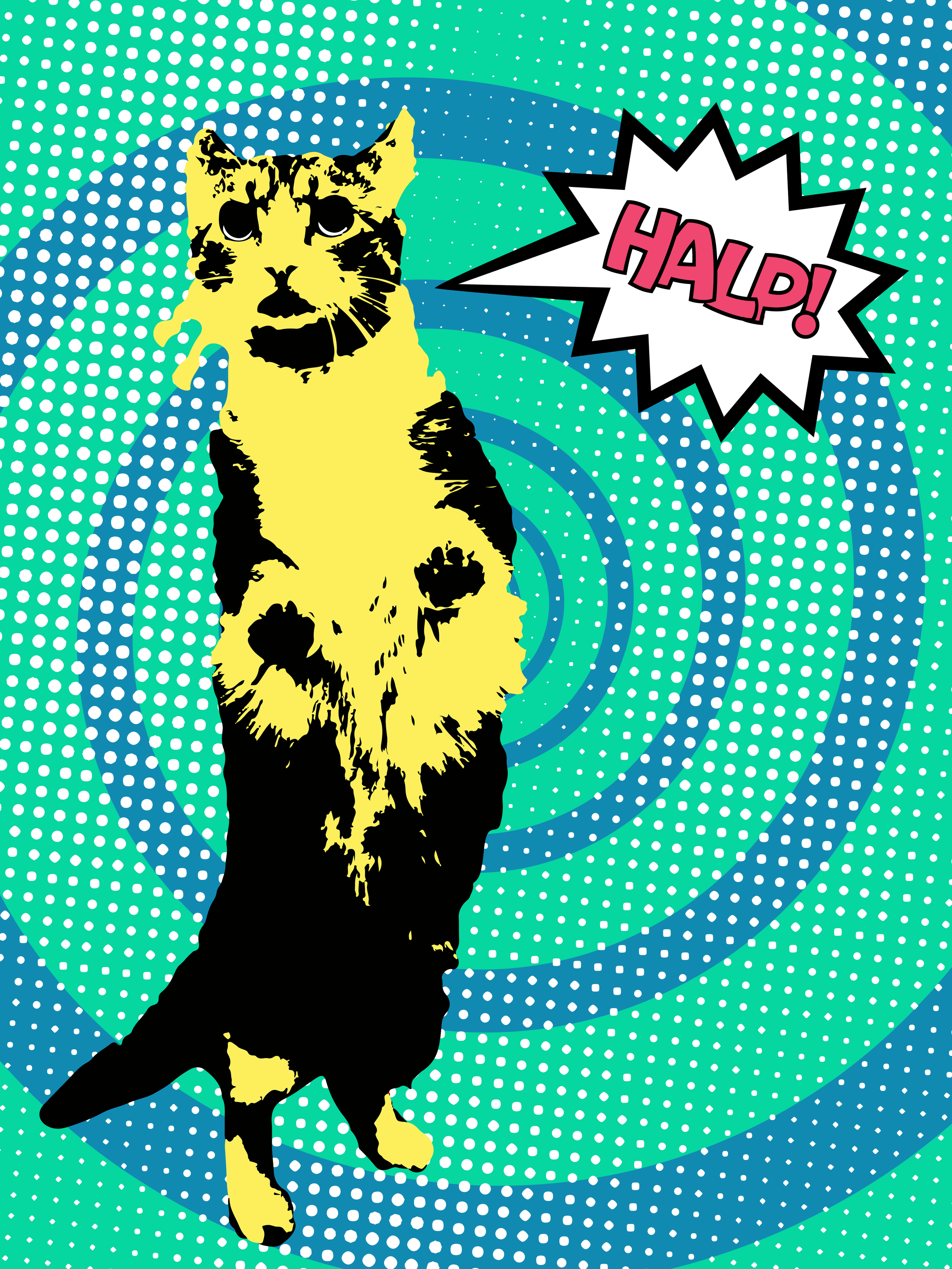 Pop art-style digital illustration of a yellow and black tiger cub standing, with a speech bubble saying 'HULP!'