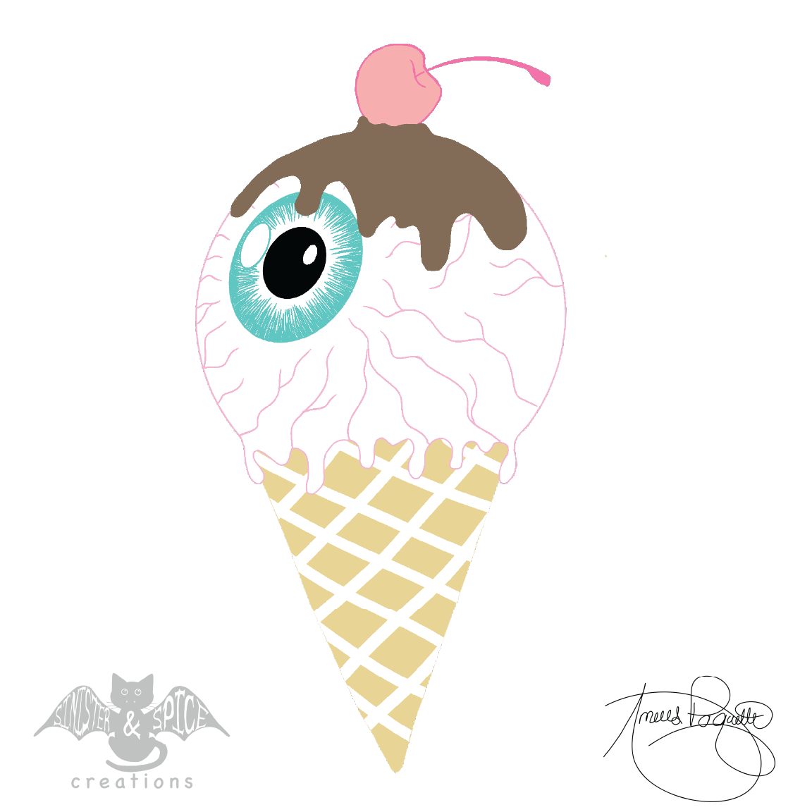 A surreal ice cream cone with a single scoop that has a large blue eye and brown dripping topping, with a pink cherry on top. The background is white, and there's a signature and logo at the bottom.