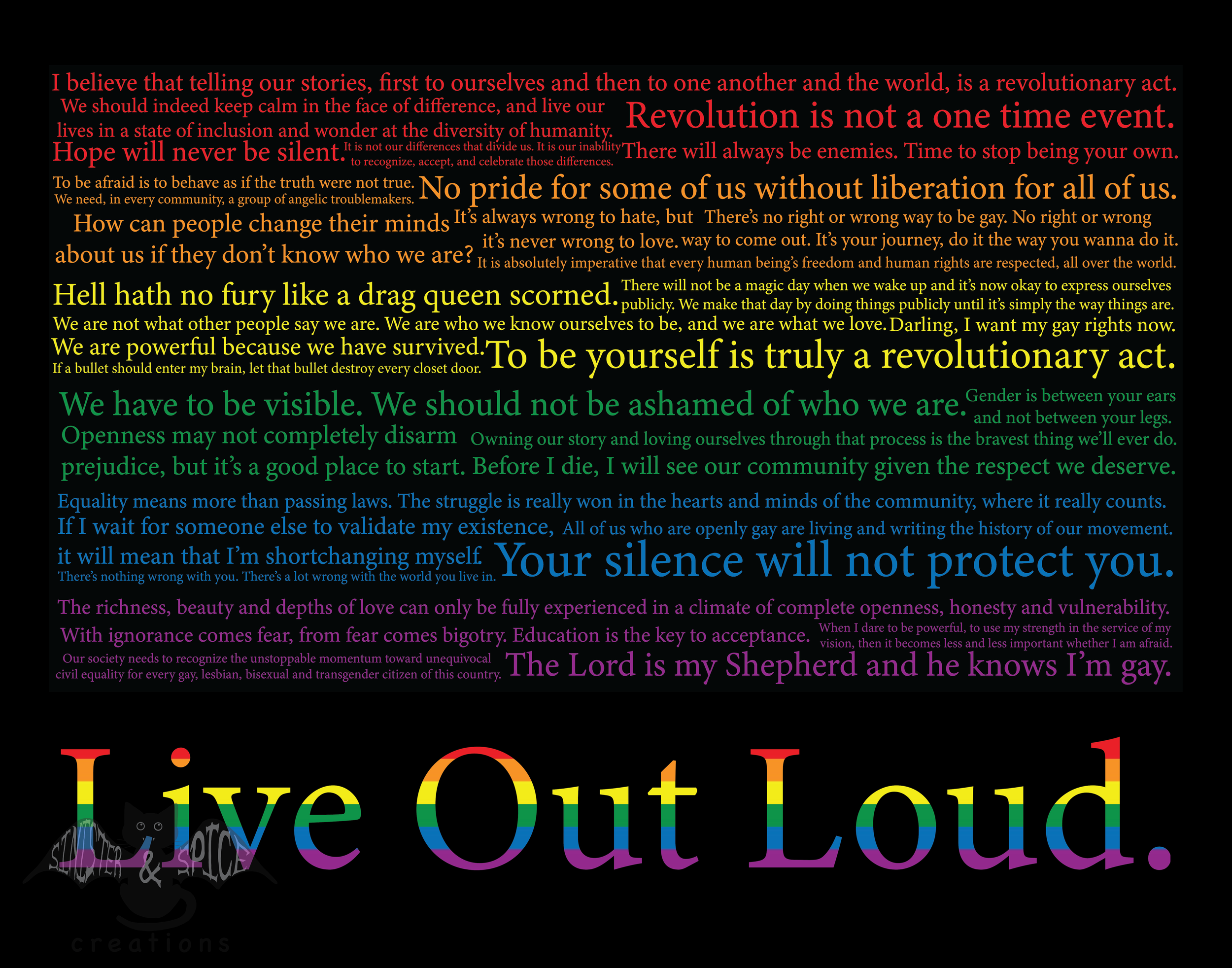 A colorful word cloud with quotes advocating for LGBTQ+ rights, equality, and self-acceptance. The words are arranged in different sizes and colors on a black background.