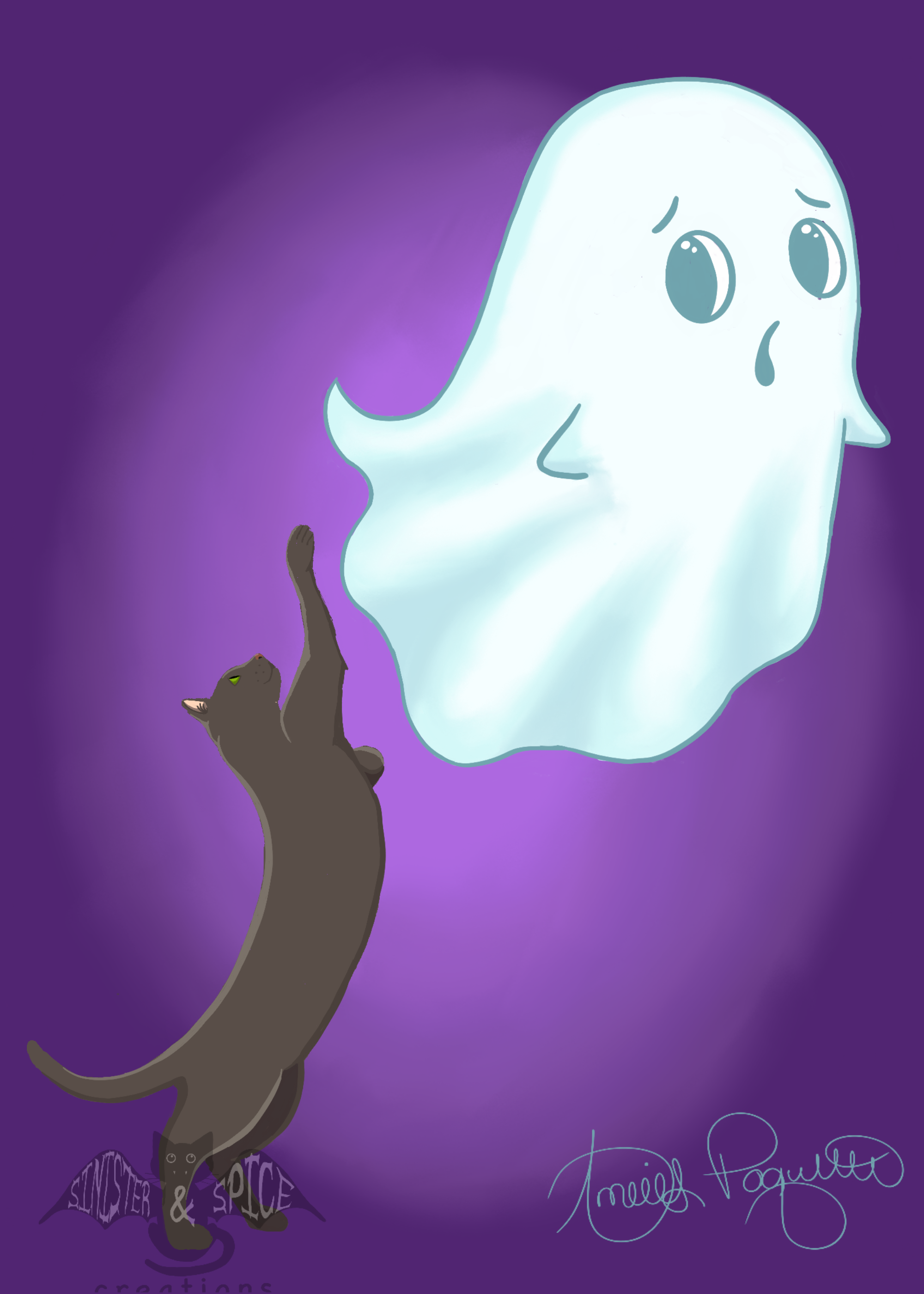 A cartoon black cat stretching with its belly up, tail curved, and eyes closed, with a purple background. The cat is sitting on a purple cloth with the text 'SILENCE & SPACE' underneath. There is a large ghost figure with a sad expression floating in front of the cat, with a purple glow around it. The ghost has a speech bubble shape with a face, large eyes, and a tear. The image has a signature at the bottom right corner.