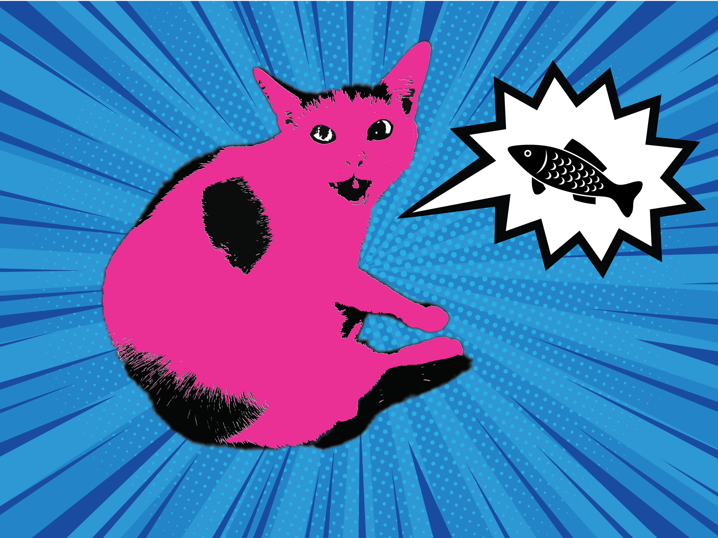 A digital comic style illustration of a pink cat with black outline and details, sitting and looking forward, with a speech bubble containing a fish. The background has blue radial lines and dots, with a pop art aesthetic.