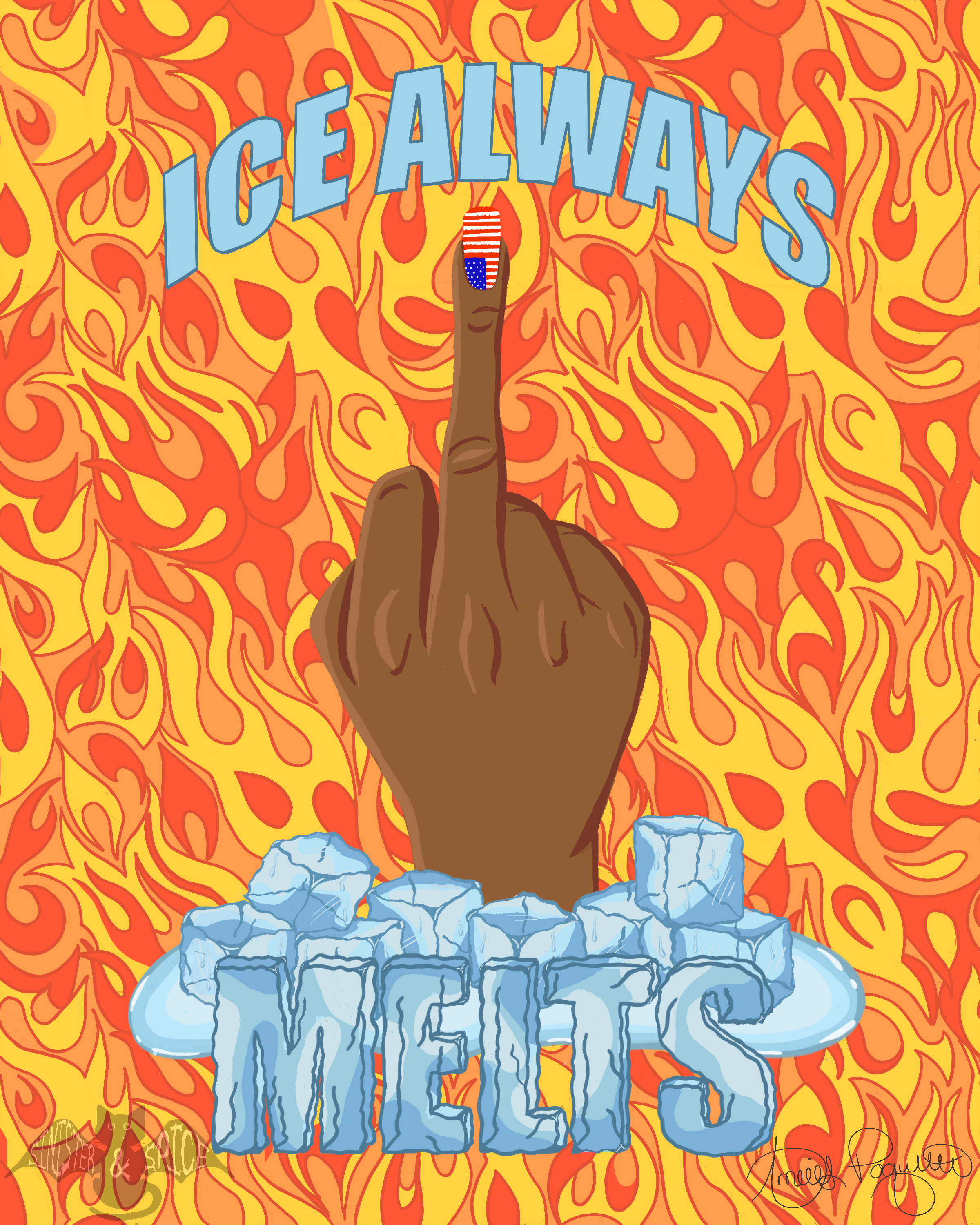 Illustration of a finger with an American flag painted on it, pointing upward, surrounded by ice and with flames in the background.