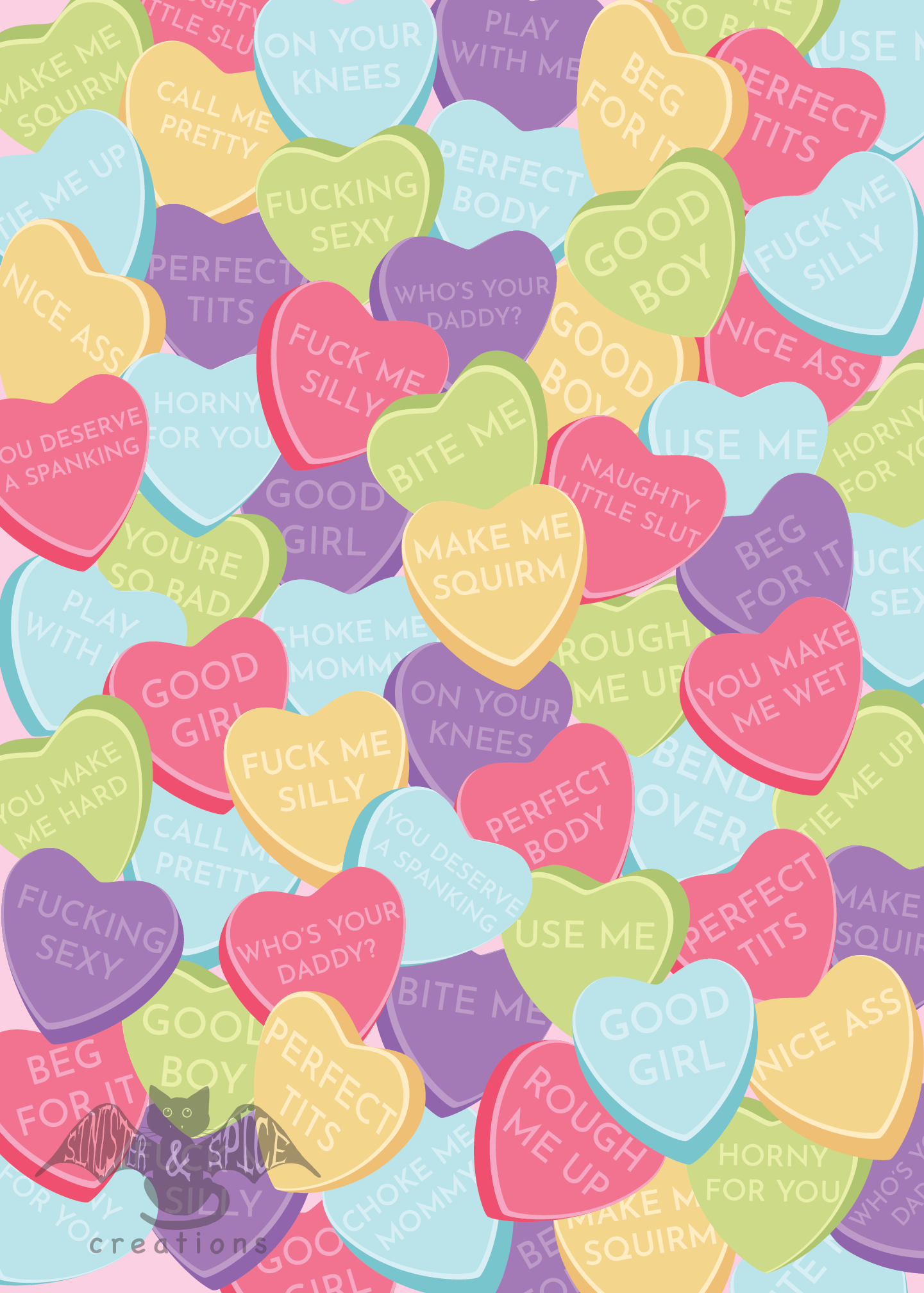 Assorted colorful hearts with provocative and humorous phrases, scattered and overlapping.