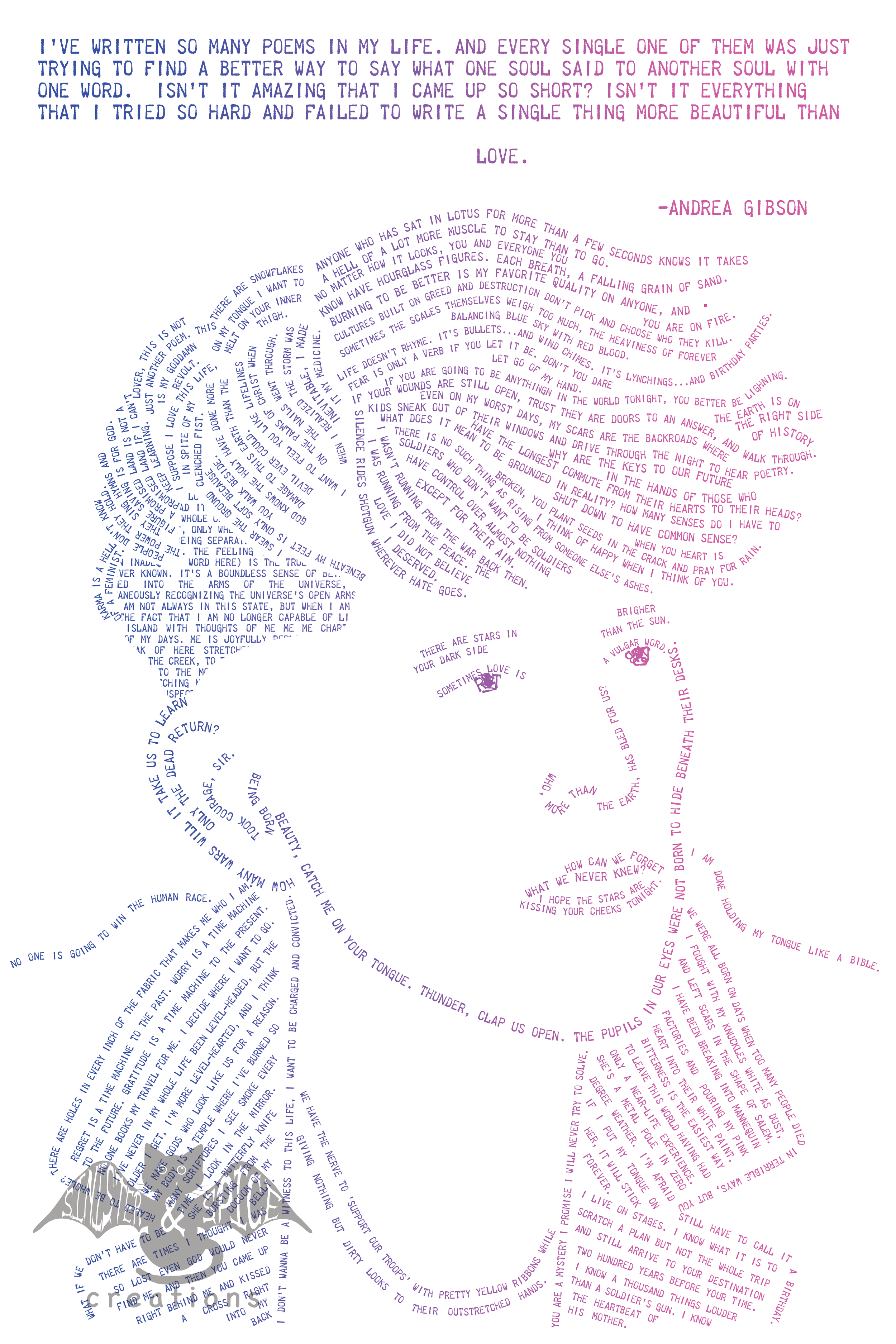 A heart-shaped arrangement of text with poetry written in purple and pink colors, forming the shape of a heart.