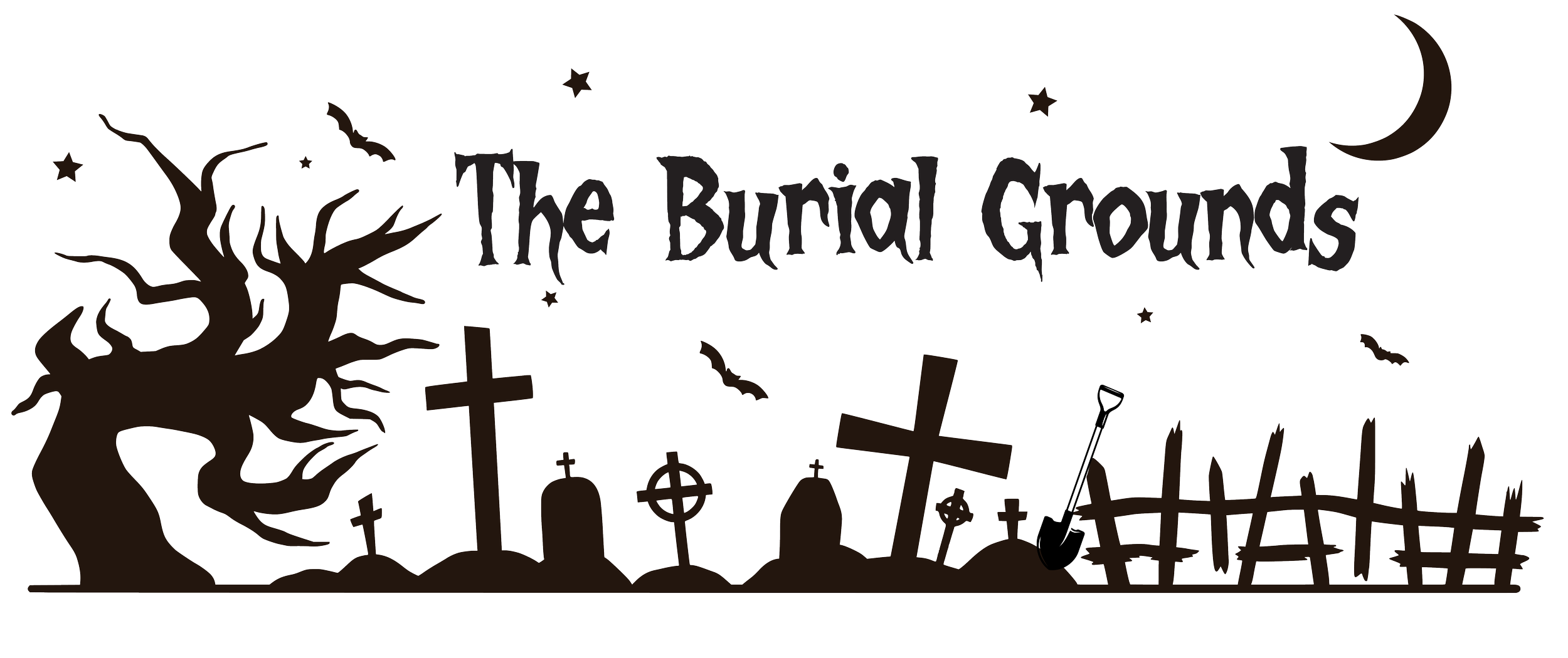Halloween-themed cemetery scene with a spooky tree, crosses, tombstones, bats, a shovel, a fence, a moon, and stars, with the text "The Burial Grounds".