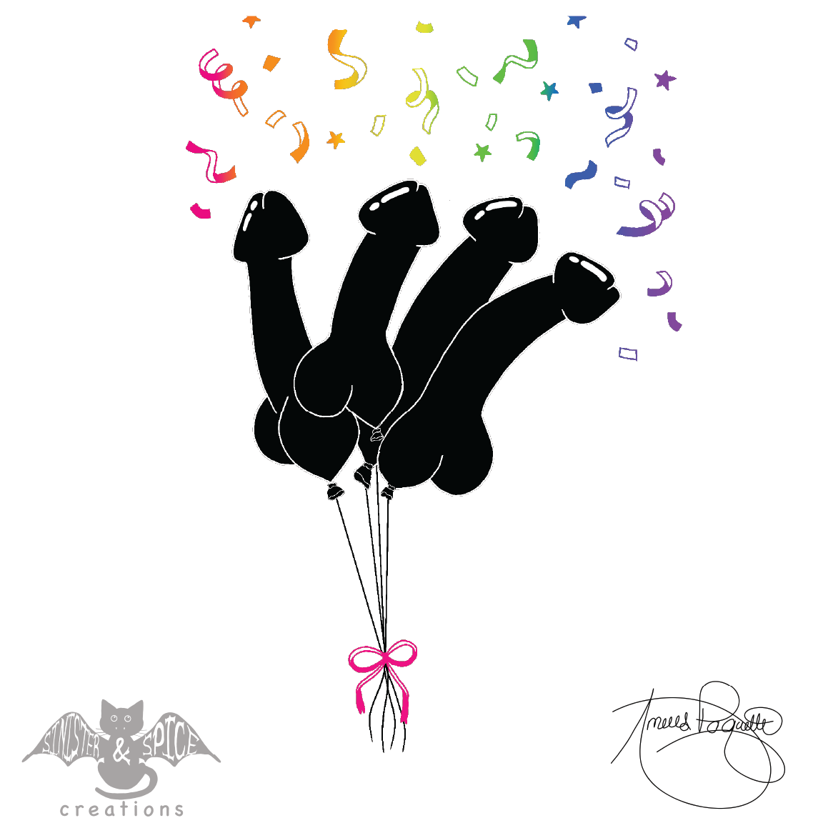 A bunch of black balloons shaped like fingers with colorful confetti over them, tied with a pink ribbon.