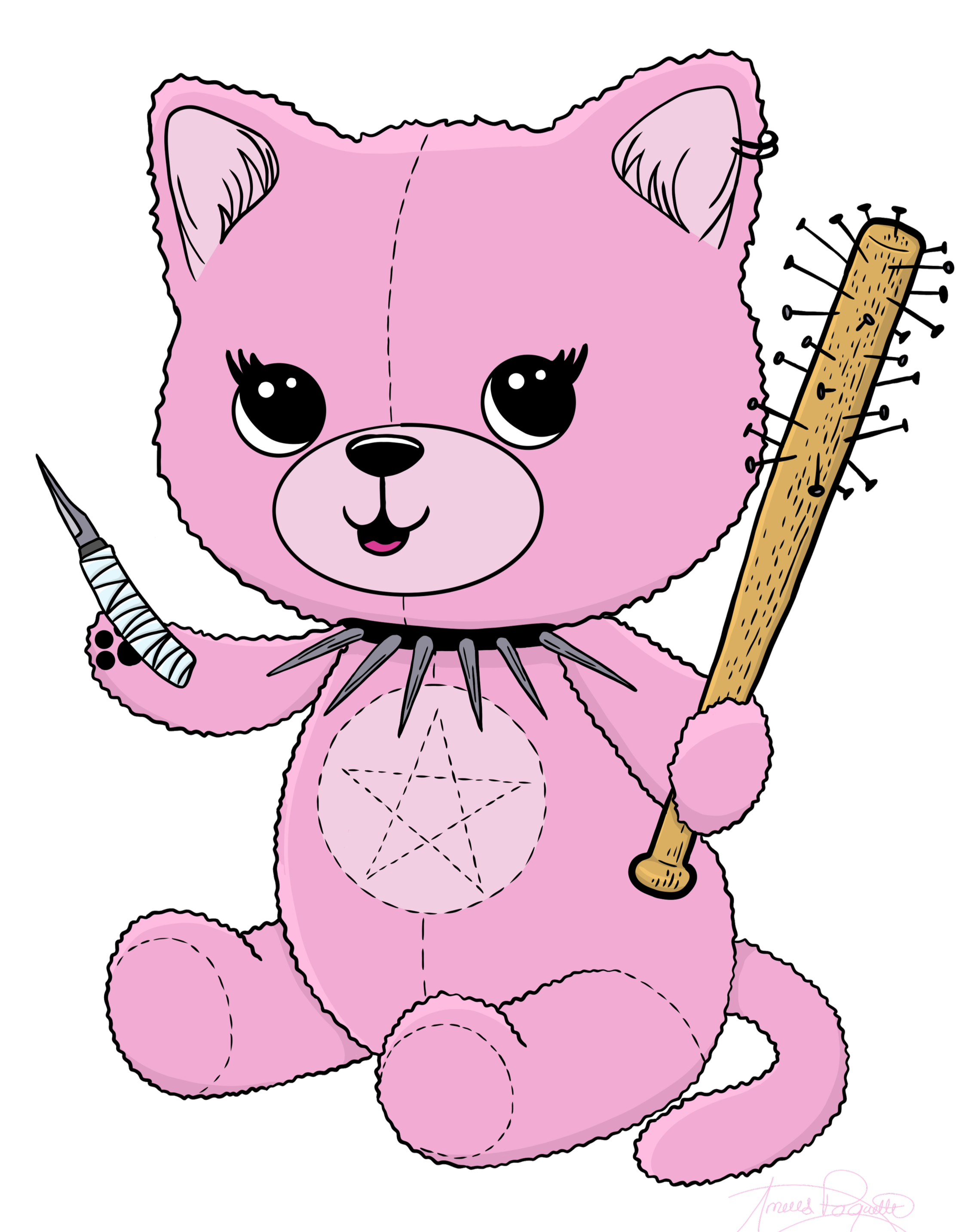 A pink teddy bear with a stitched line down its face, black eyes with long lashes, a small smiling mouth, and a black nose. It wears a spiked collar and holds a large wooden club with nails. To the left, a pointed metallic weapon is visible, and at the bottom right, there is a signature reading 'Amor M. L'.