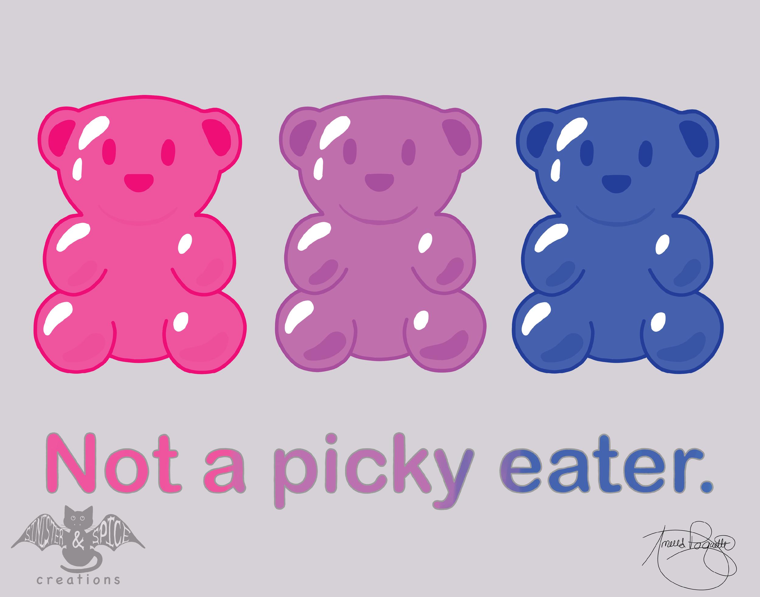 Colorful cartoon teddy bears in pink, purple, and blue, with a humorous message about snack foods.
